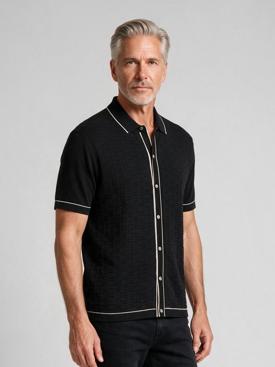 Bugatchi S/S Shirt Sweater, Black, detail | Mondo Uomo Naples FL