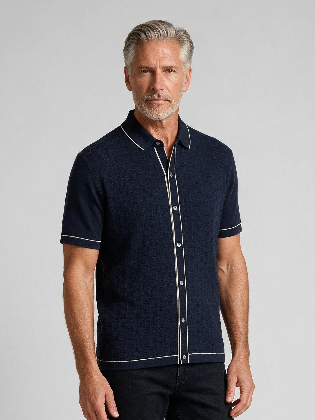 Bugatchi S/S Shirt Sweater, Navy, detail | Mondo Uomo Naples FL
