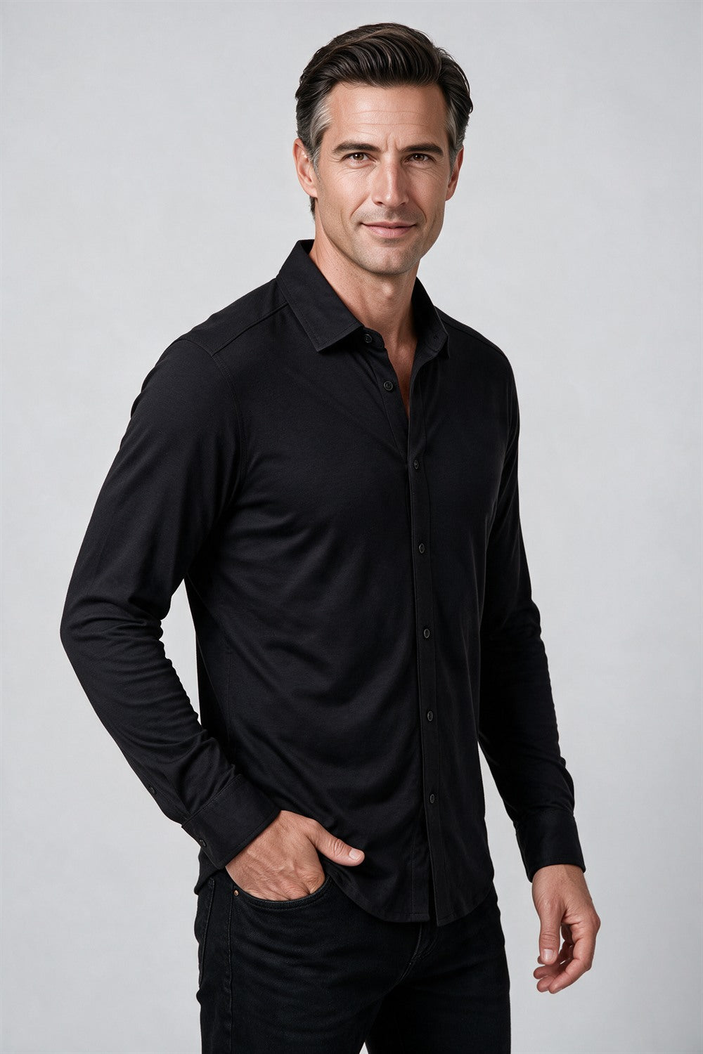 Raffi Aqua Cotton Marquee Shirt in Black | Mondo Uomo Naples FL #Color_Black