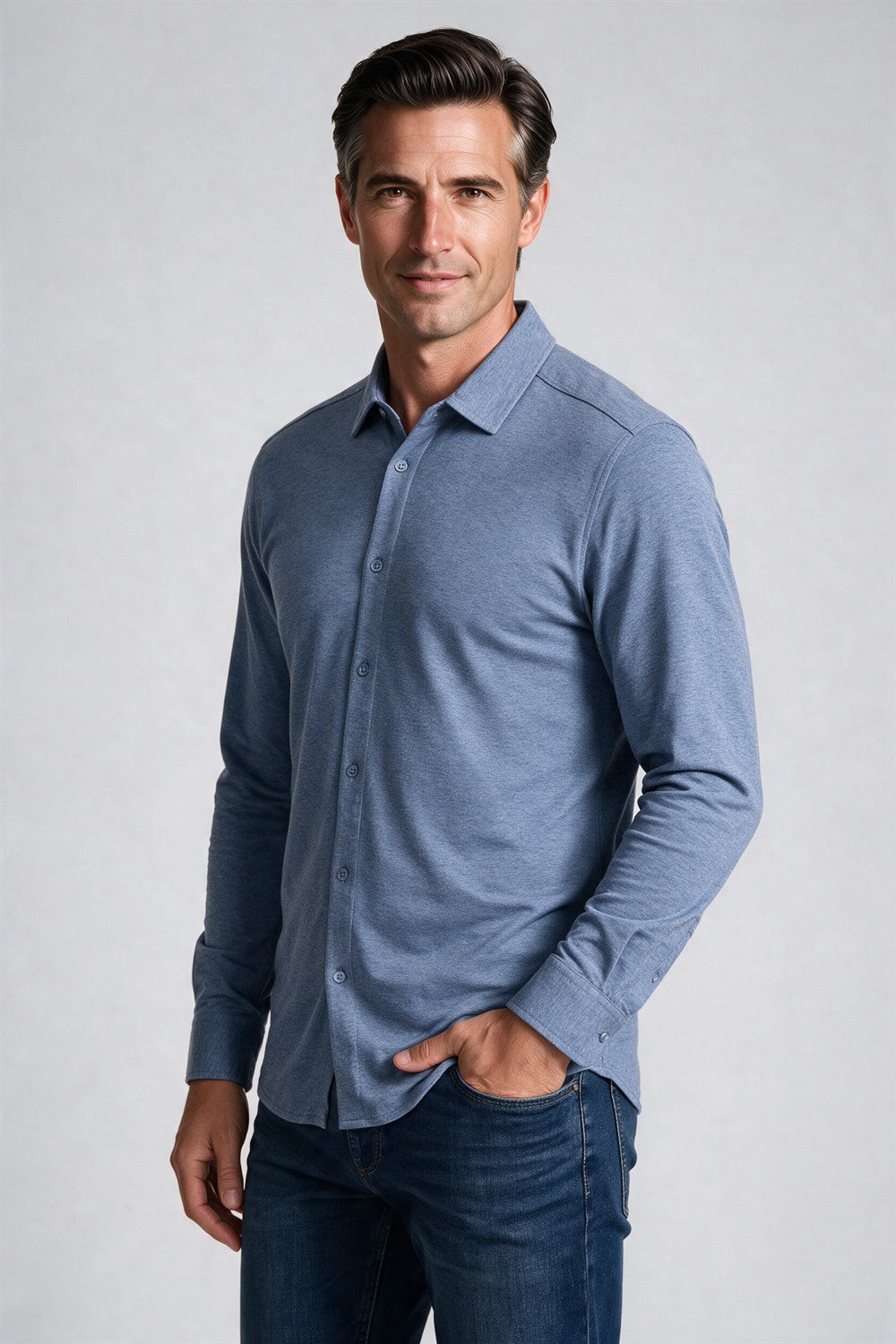 Raffi Aqua Cotton Marquee Shirt in Jean | Mondo Uomo Naples FL #Color_Jean