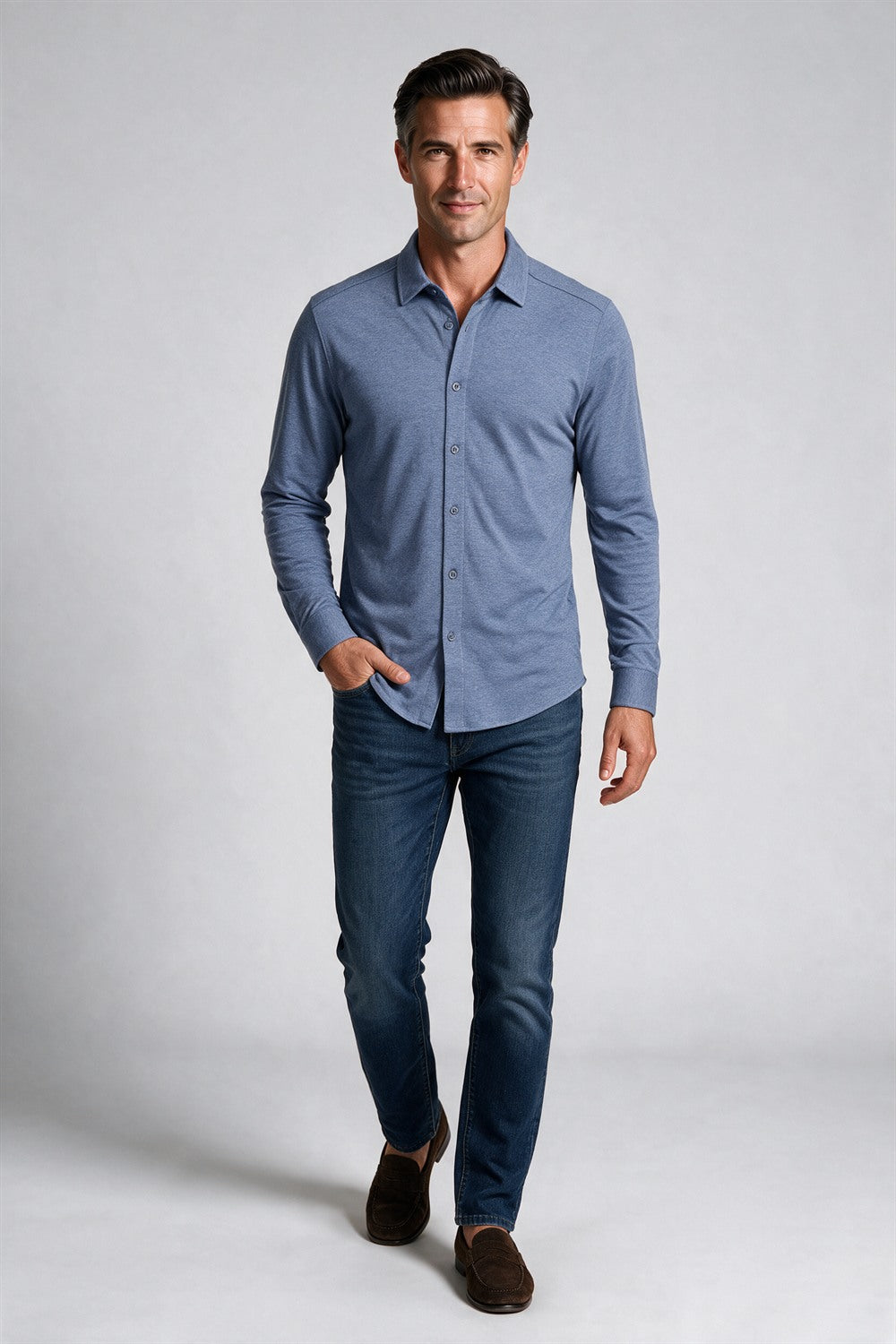 Raffi Aqua Cotton Marquee Shirt in Jean – on model #Color_Jean