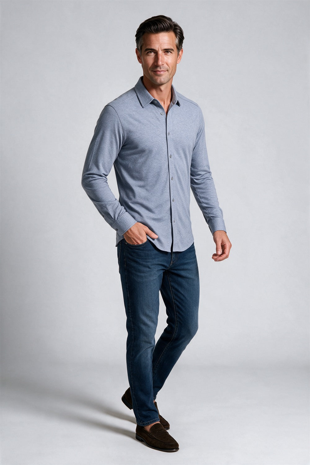 Raffi Aqua Cotton Marquee Shirt in Steel – on model #Color_Steel