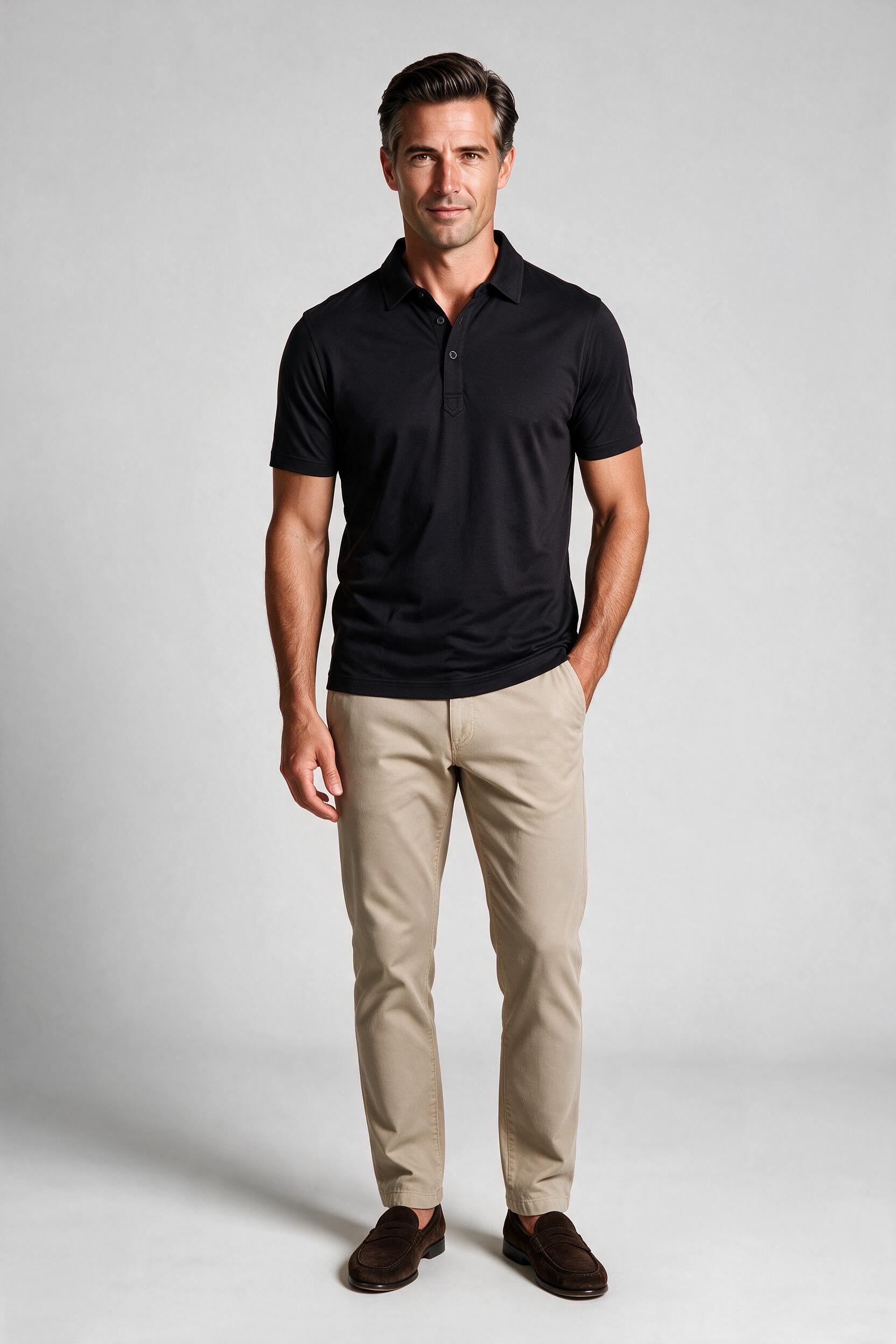 Raffi Aqua Cotton Sherwood Polo in Black – on model #Color_Black