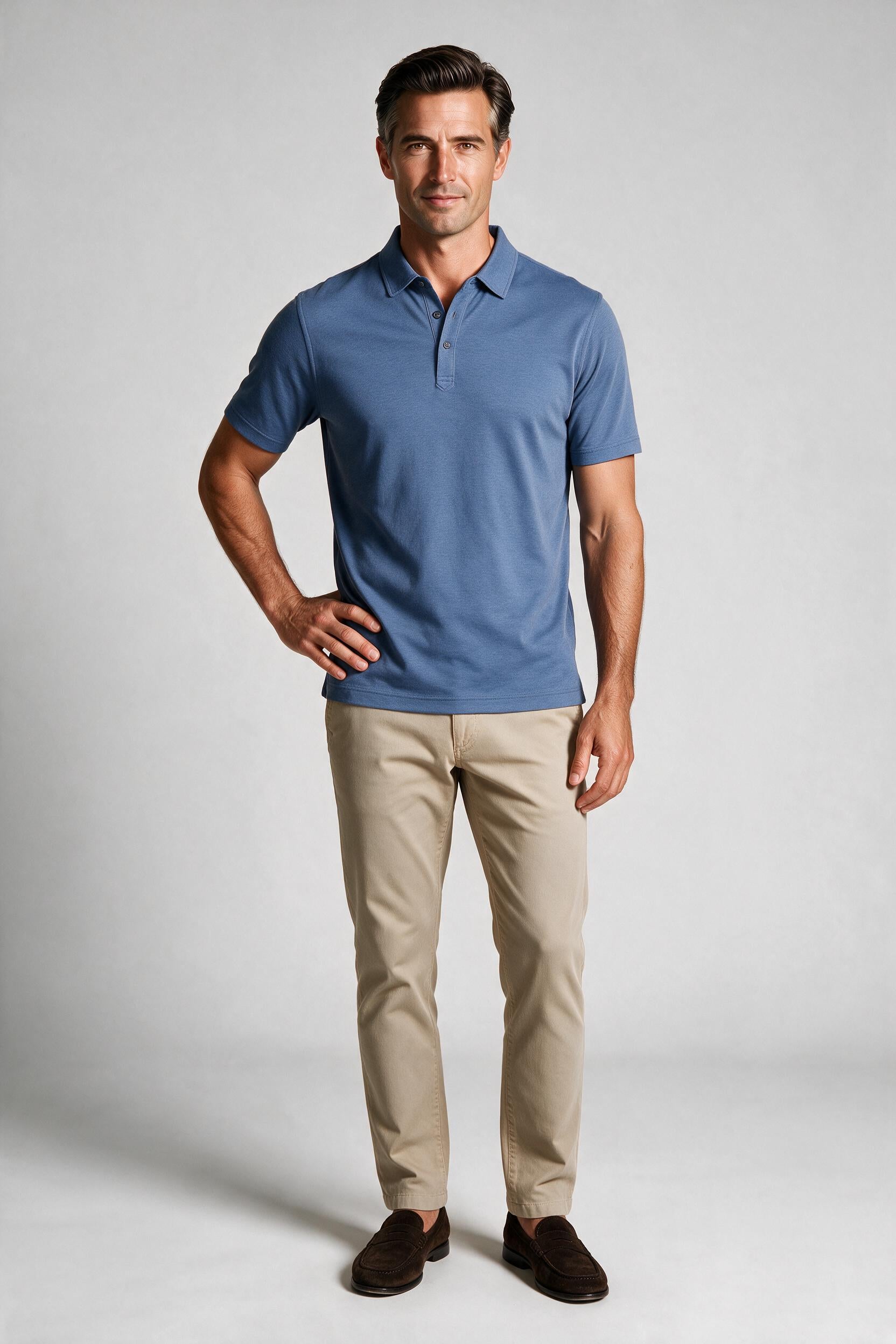 Raffi Aqua Cotton Sherwood Polo in Denim – on model #Color_Denim