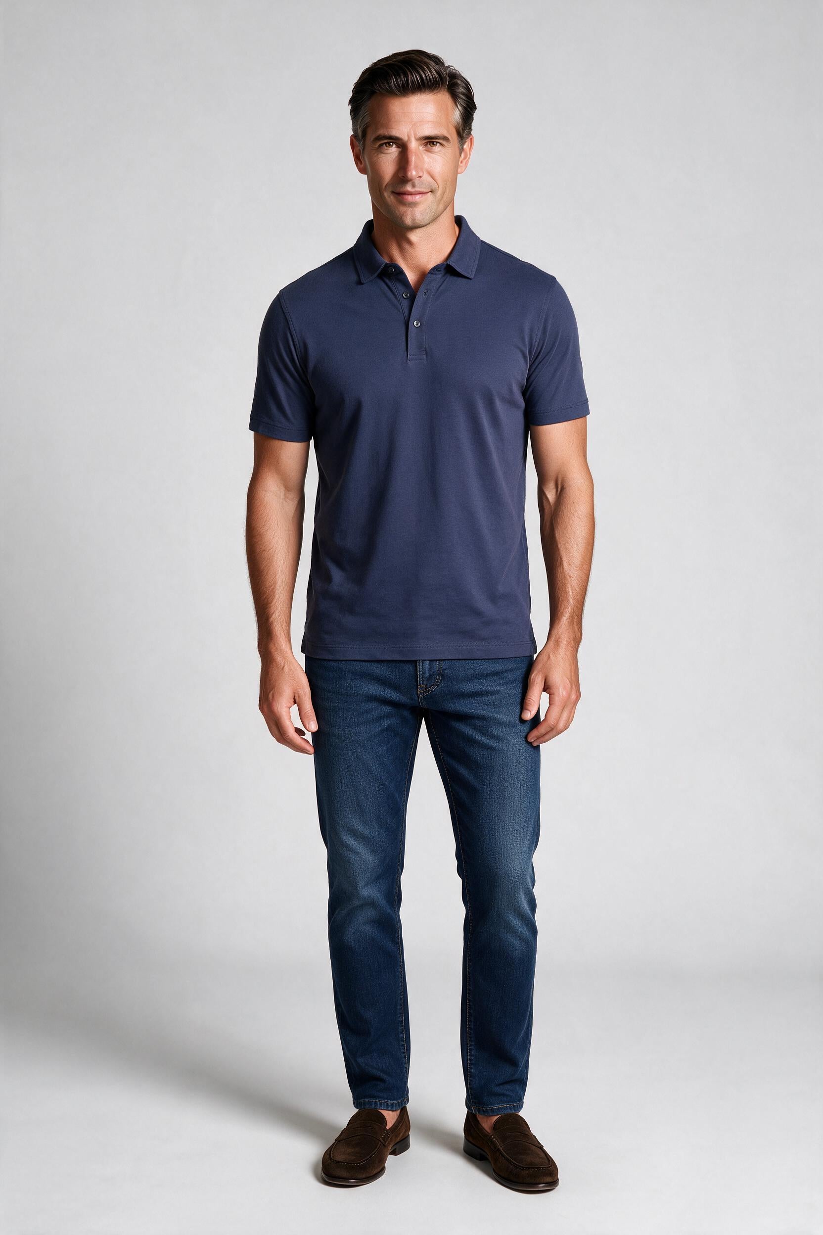 Raffi Aqua Cotton Sherwood Polo in MIDNIGHT – on model #Color_MIDNIGHT