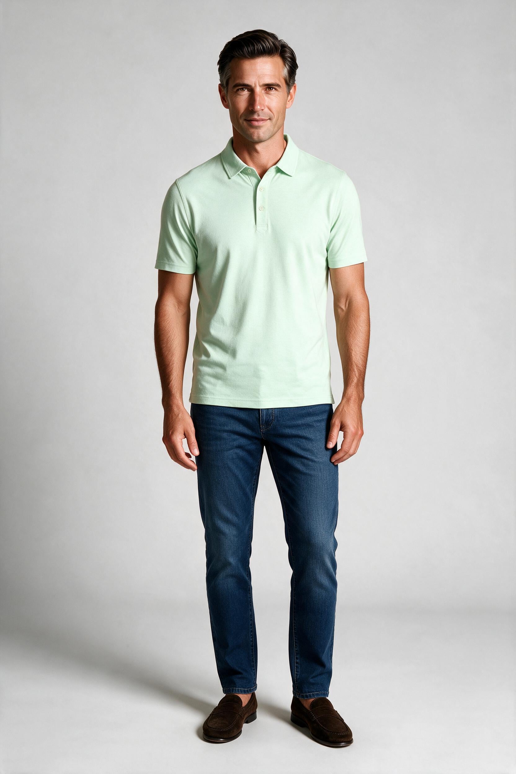 Raffi Aqua Cotton Sherwood Polo in Mint – on model #Color_Mint