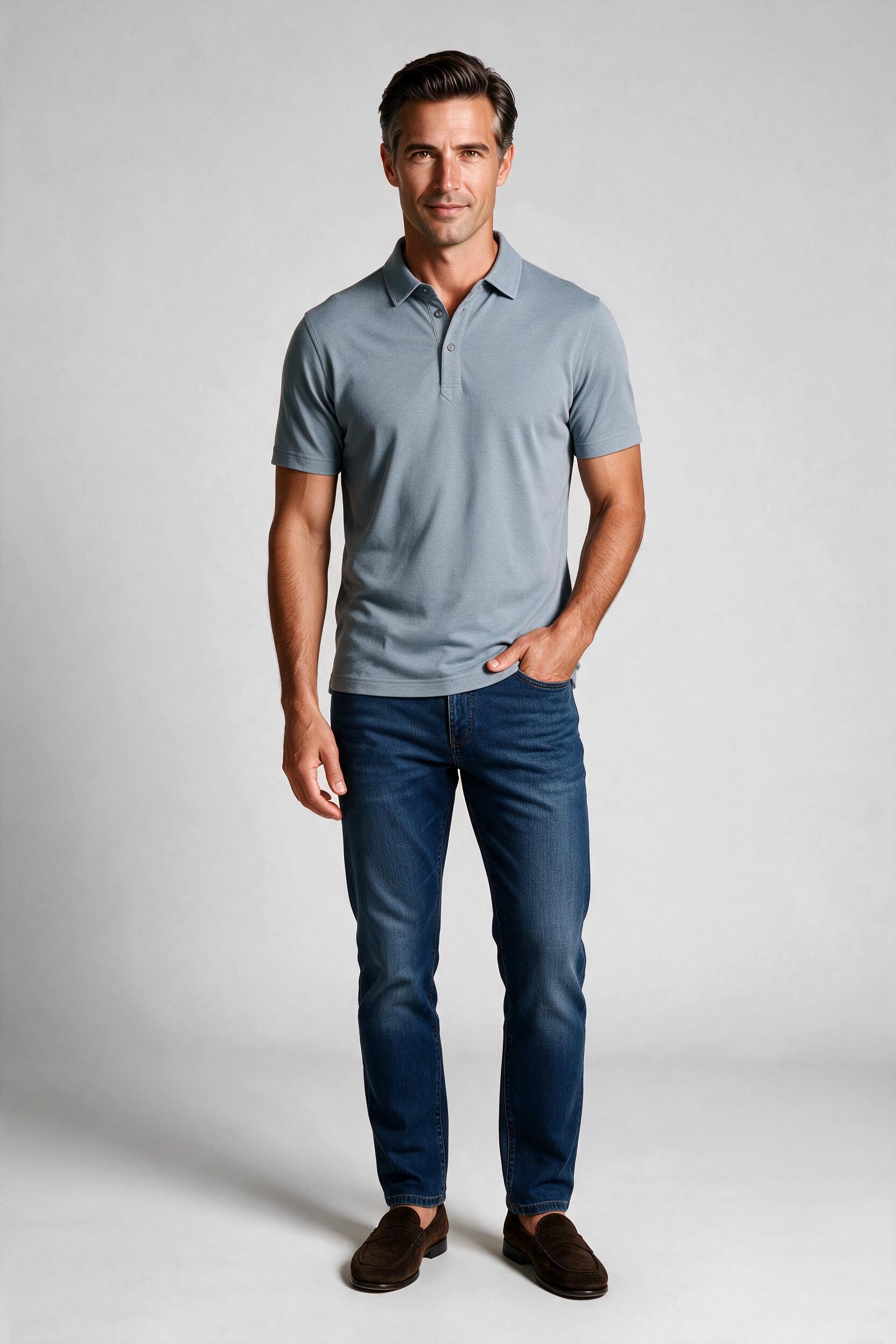 Raffi Aqua Cotton Sherwood Polo in Storm – on model #Color_Storm