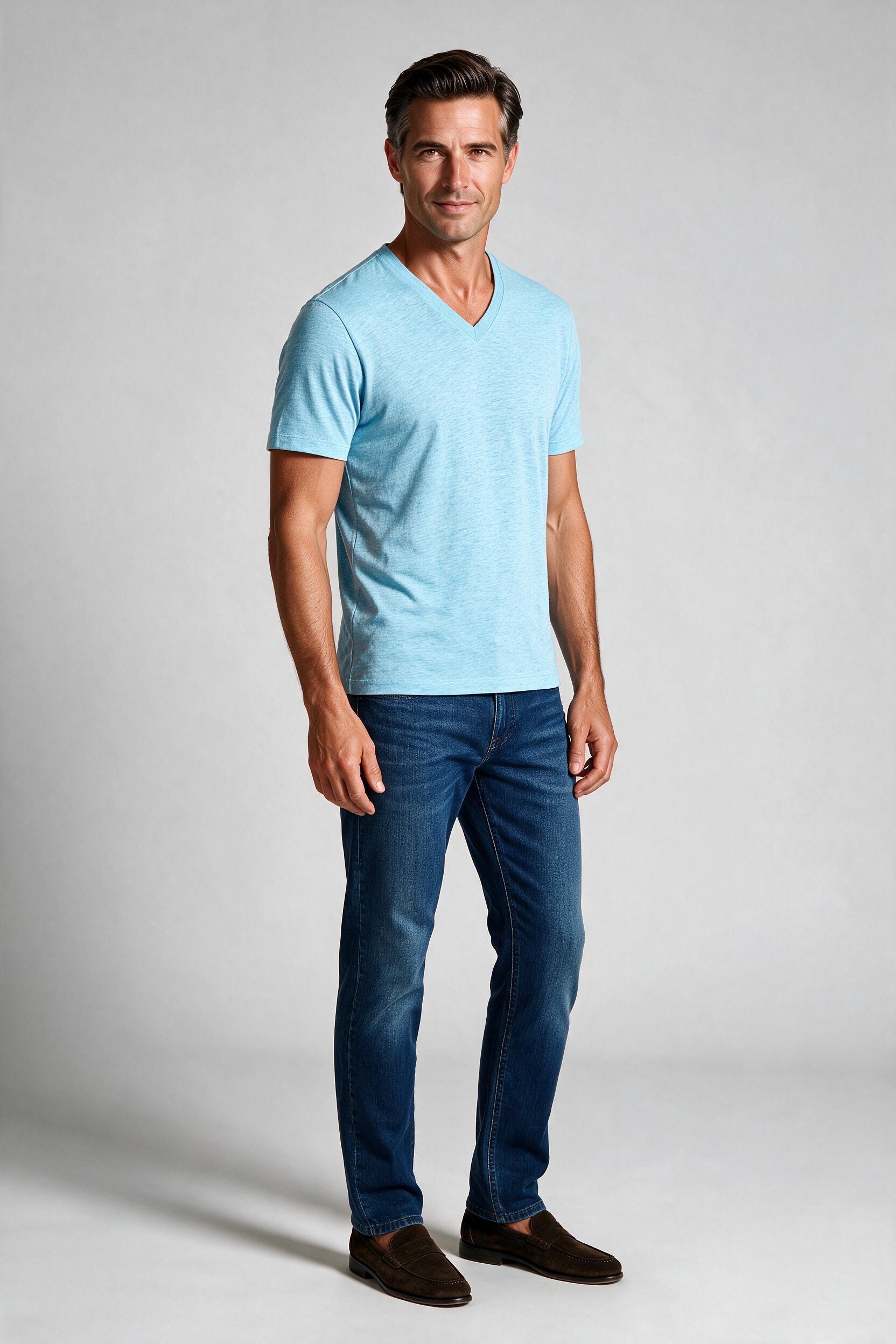 Raffi Aqua Cotton Noah V-Neck Tee in Aqua – on model #Color_Aqua