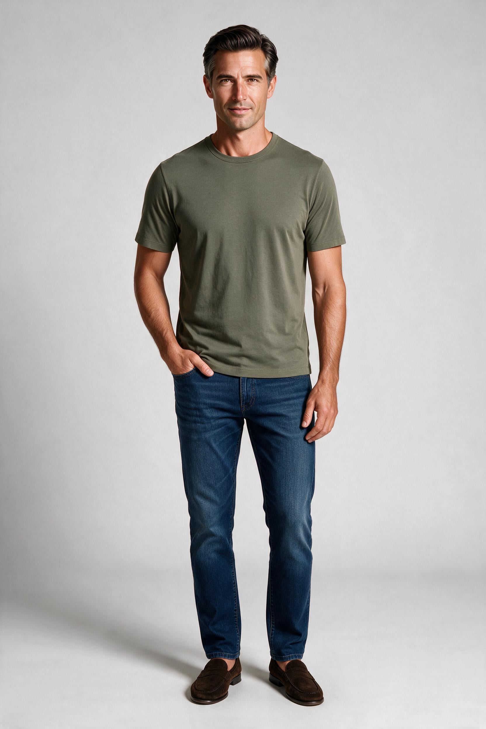 Raffi Aqua Cotton Lafayette Crew Neck Tee in Army – on model #Color_Army