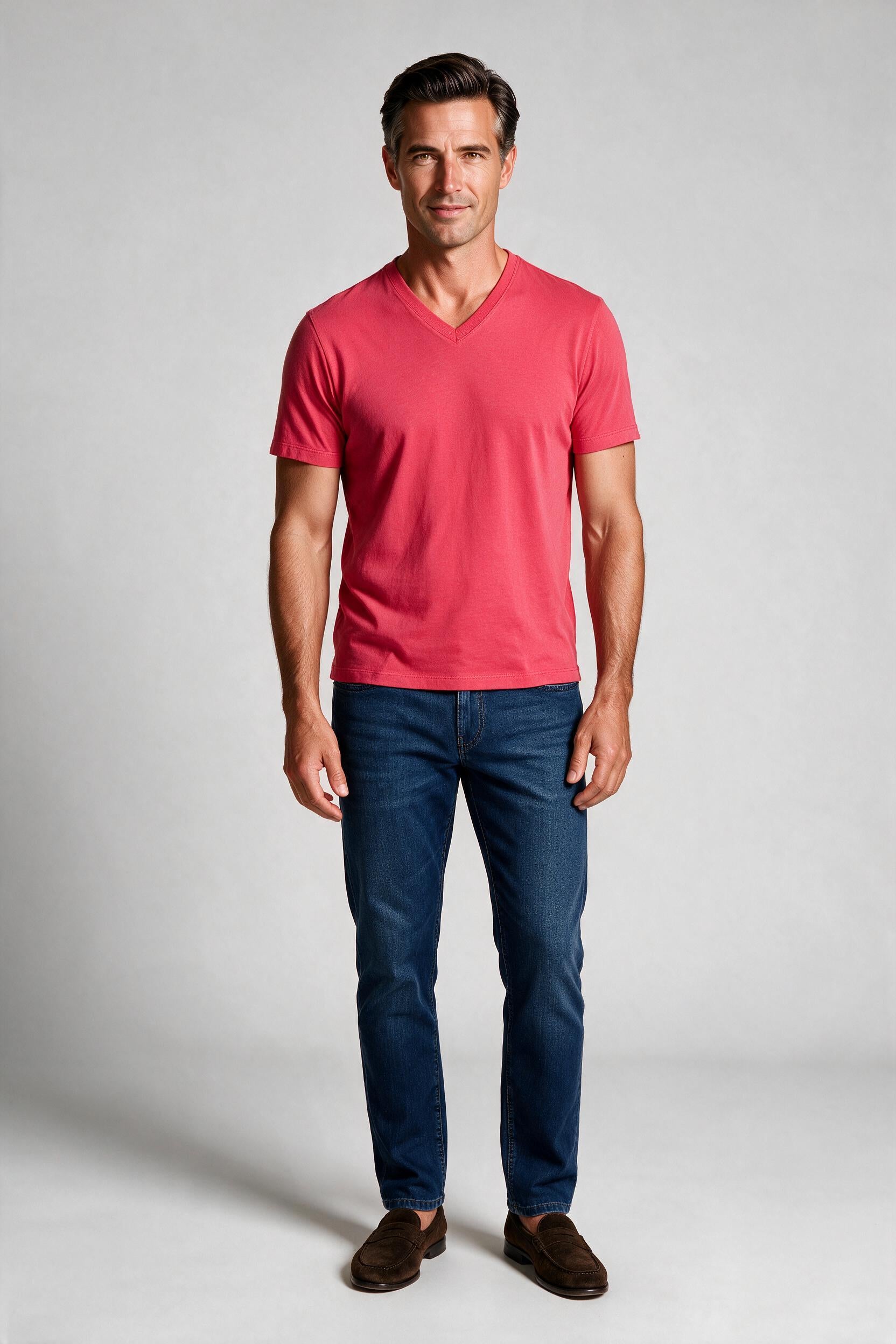 Raffi Aqua Cotton Noah V-Neck Tee in Berry – on model #Color_Berry