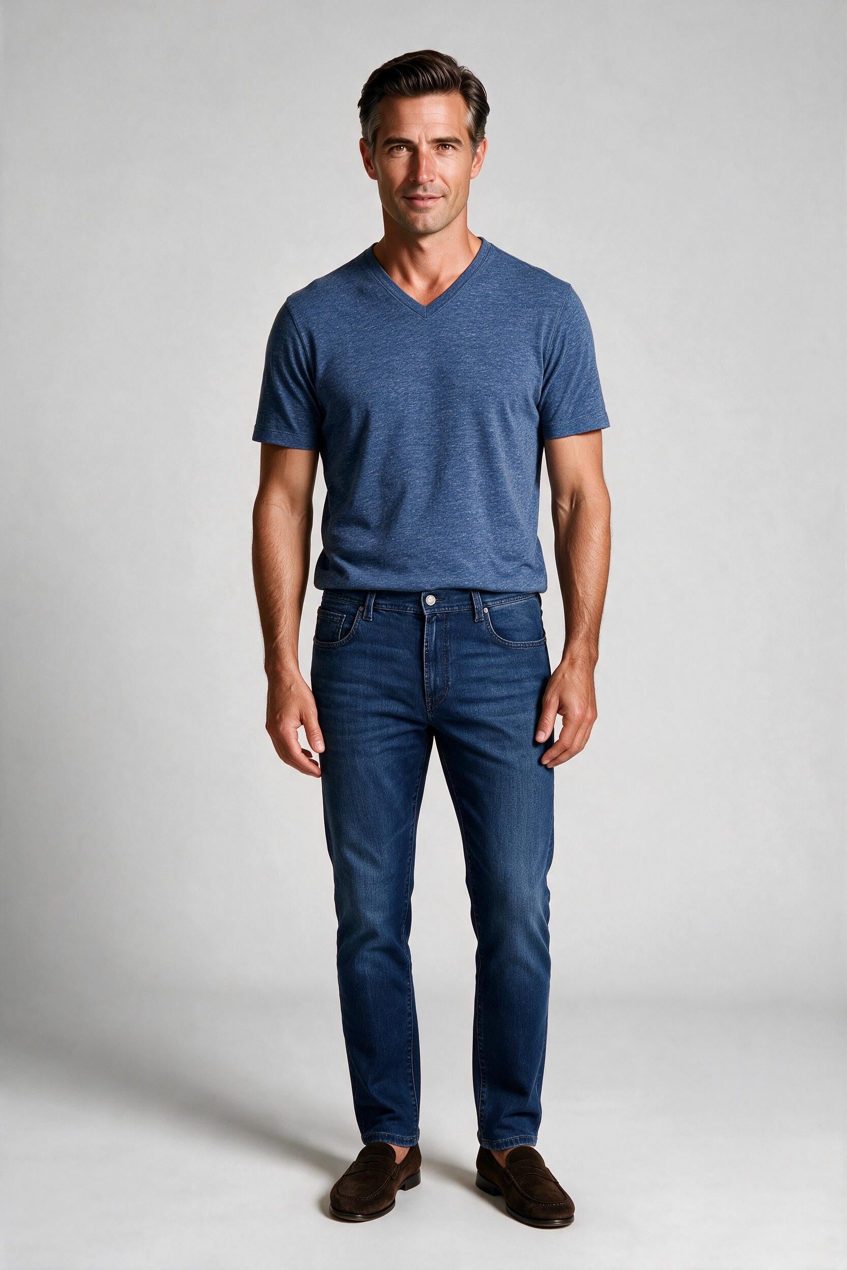 Raffi Aqua Cotton Noah V-Neck Tee in Denim – on model #Color_Denim