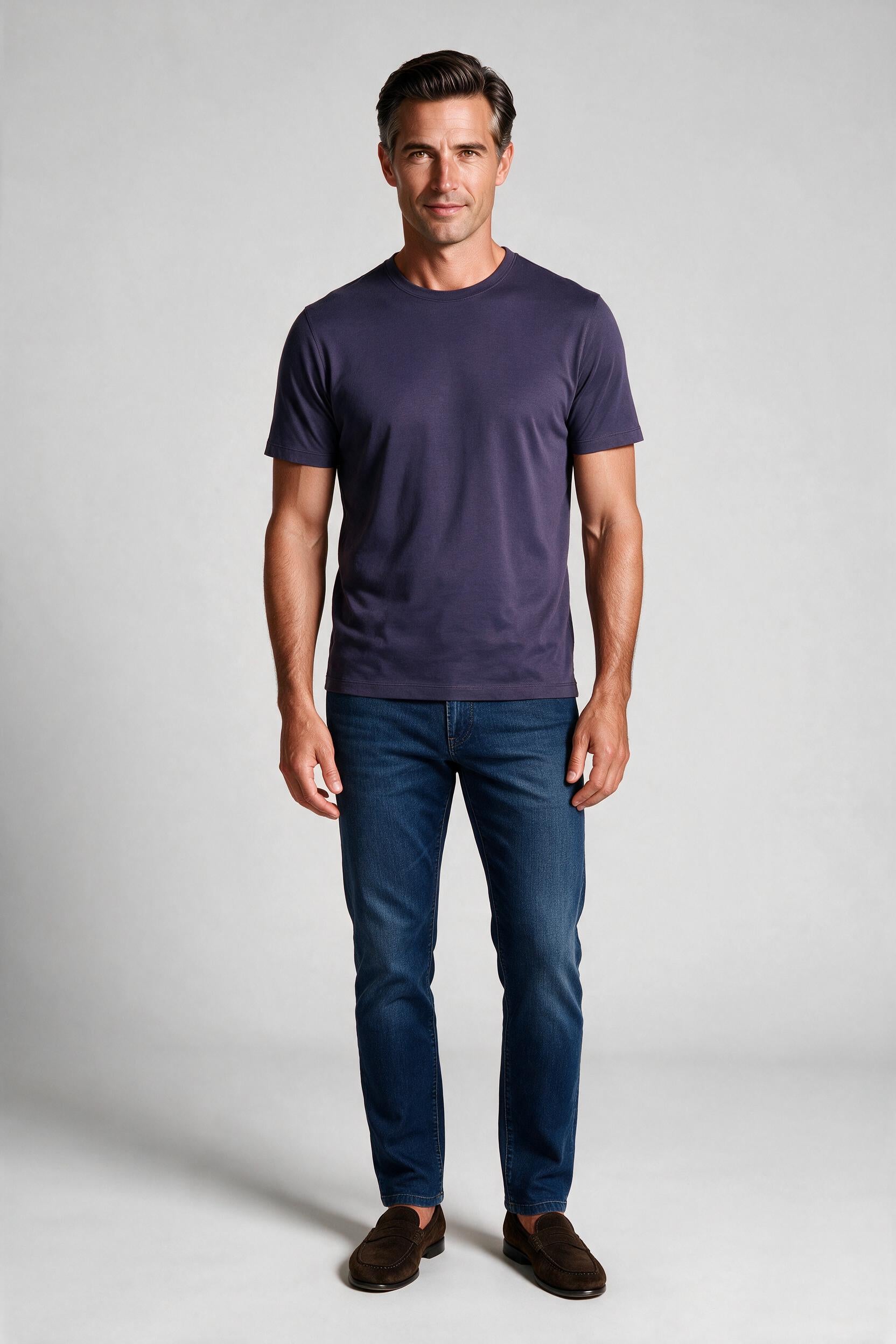 Raffi Aqua Cotton Lafayette Crew Neck Tee in Eggplant – on model #Color_Eggplant