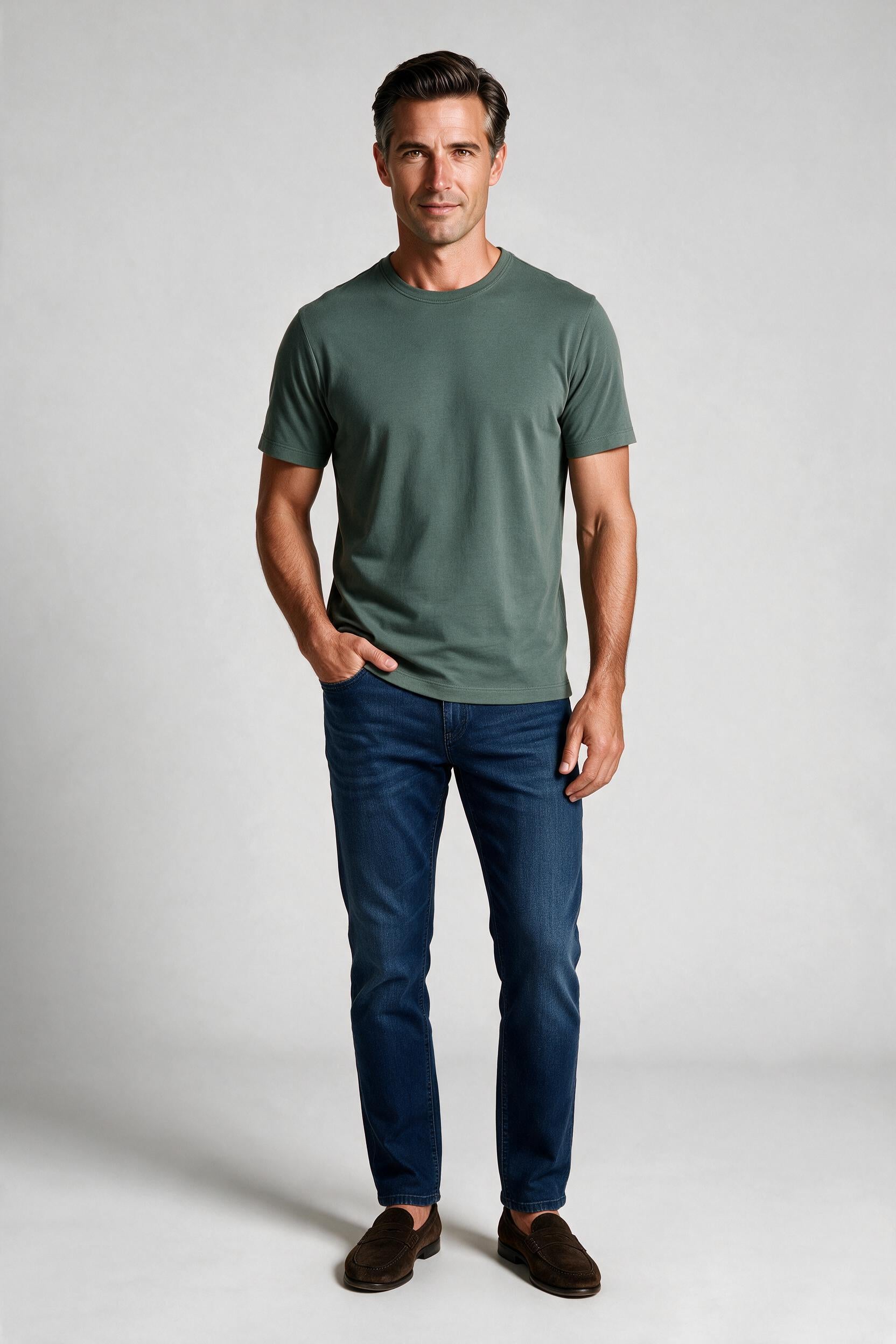 Raffi Aqua Cotton Lafayette Crew Neck Tee in Forest – on model #Color_Forest