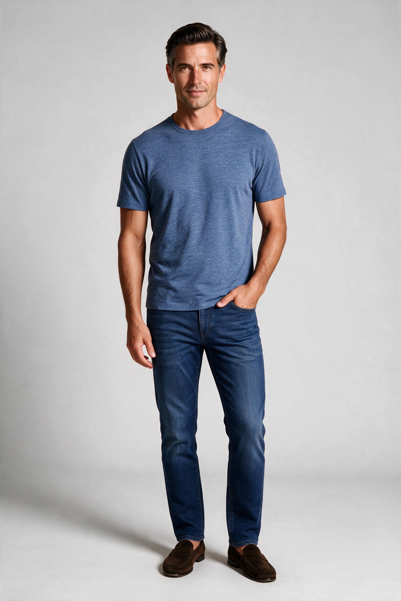 Raffi Aqua Cotton Lafayette Crew Neck Tee in Jean – on model #Color_Jean