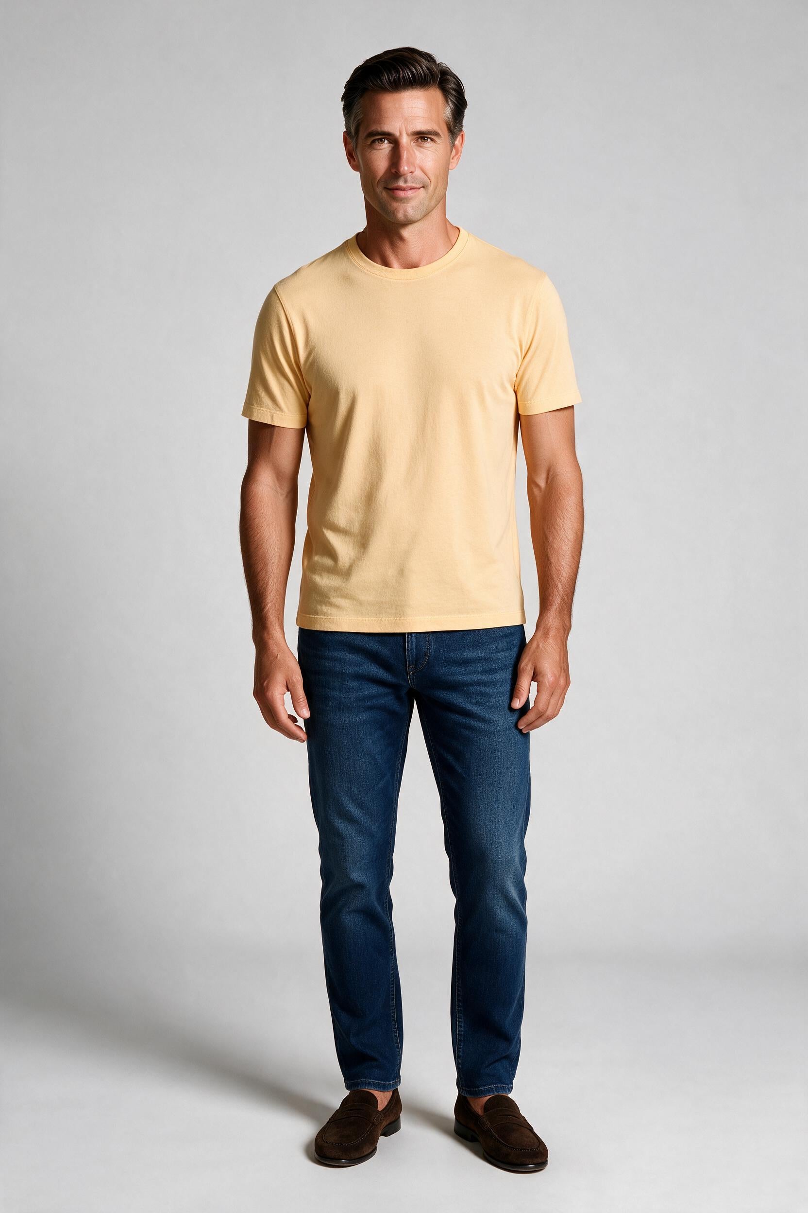 Raffi Aqua Cotton Lafayette Crew Neck Tee in Lemon – on model #Color_Lemon