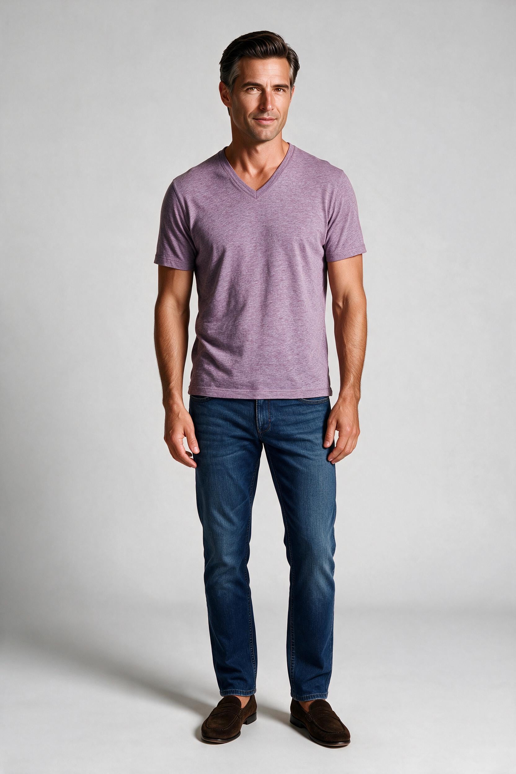 Raffi Aqua Cotton Noah V-Neck Tee in Lilac – on model #Color_Lilac