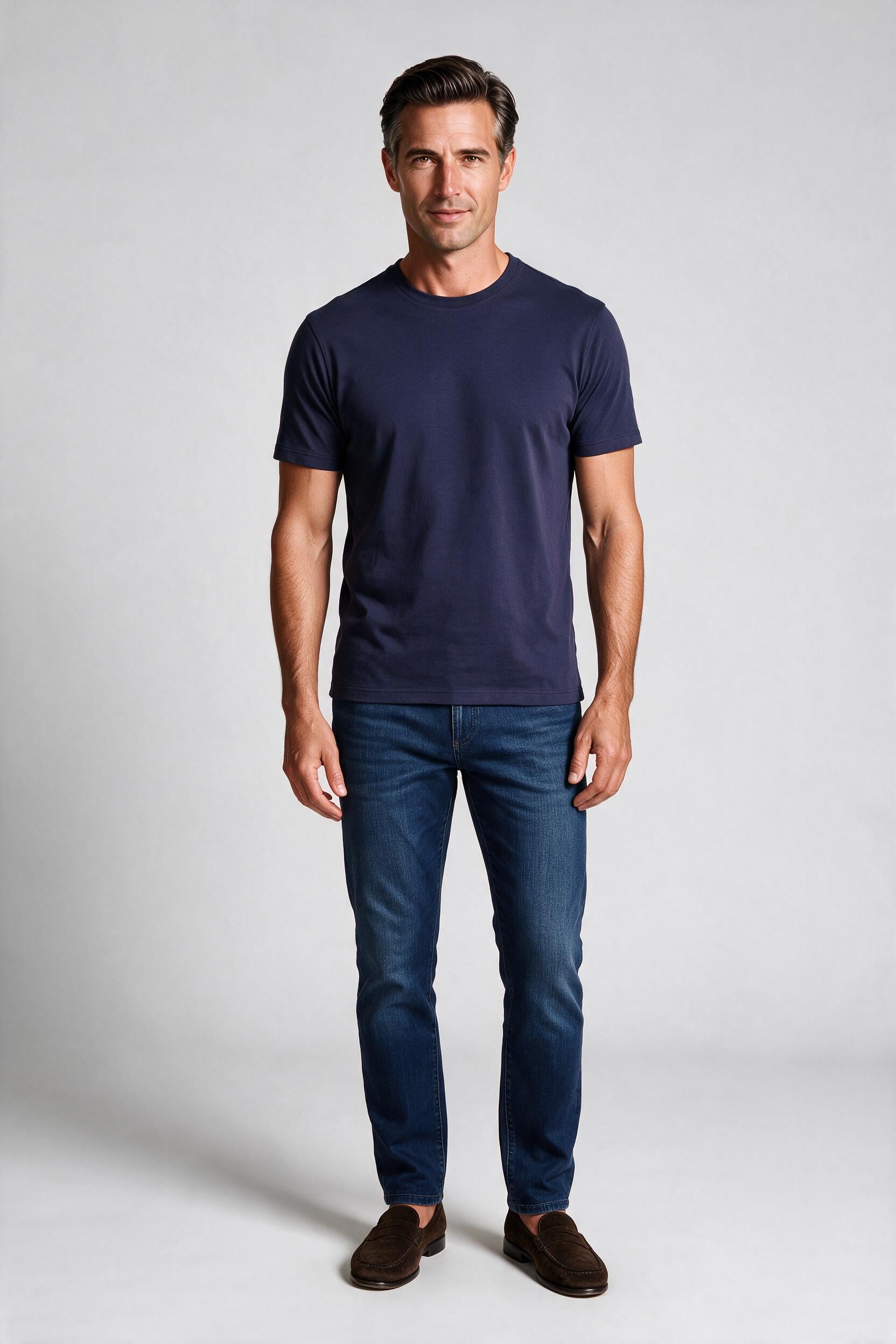 Raffi Aqua Cotton Lafayette Crew Neck Tee in Midnight – on model #Color_Midnight