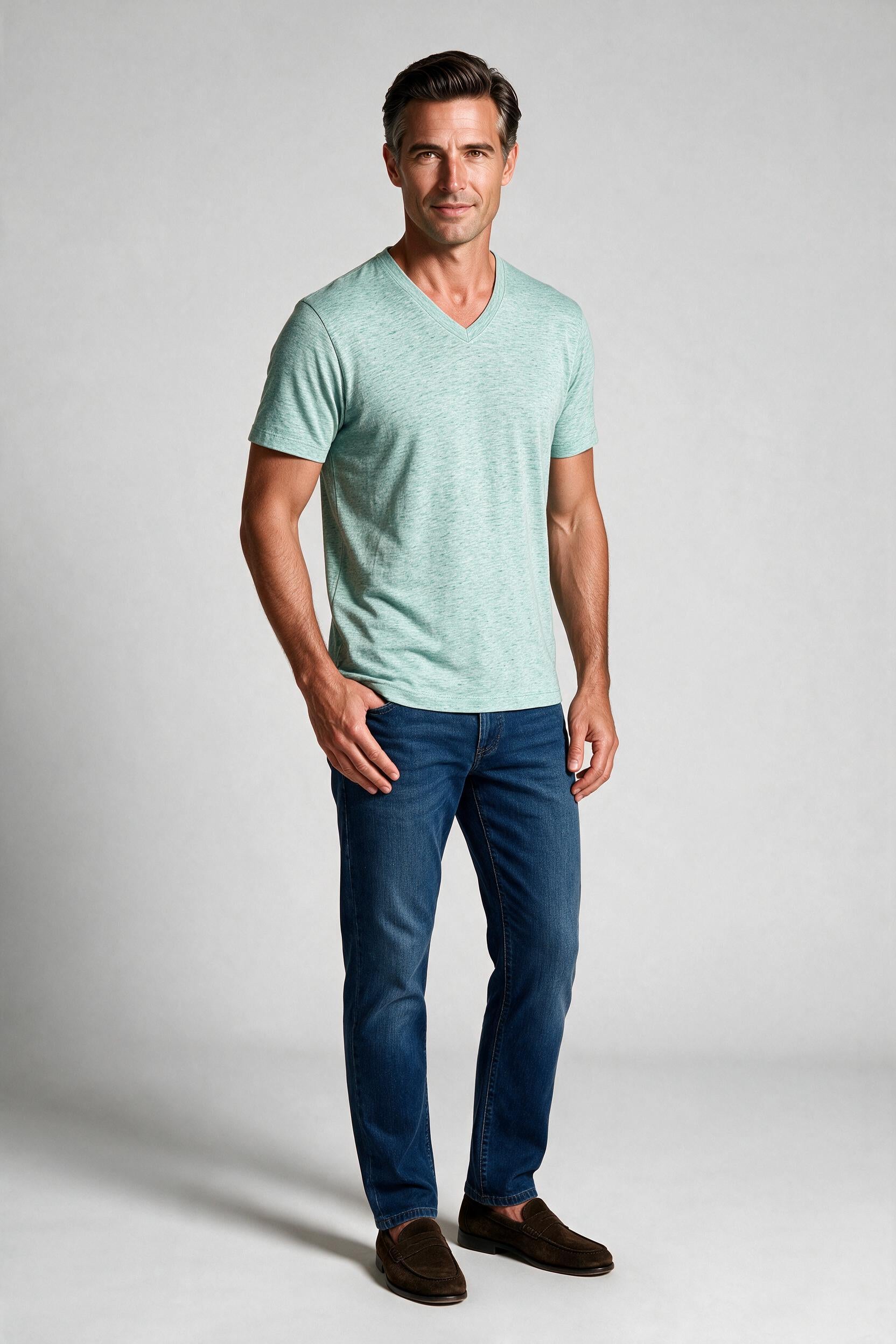 Raffi Aqua Cotton Noah V-Neck Tee in Mint – on model #Color_Mint
