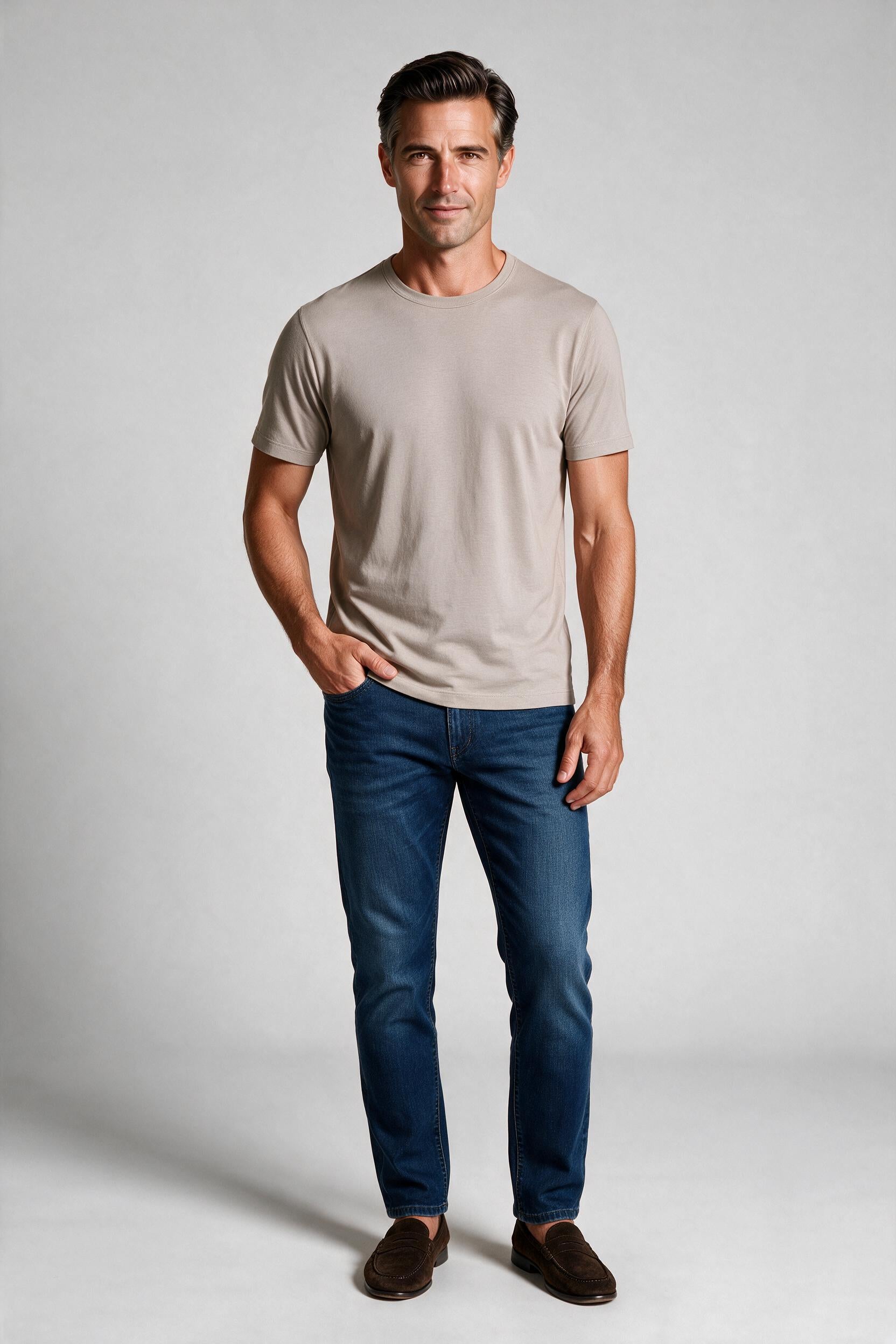 Raffi Aqua Cotton Lafayette Crew Neck Tee in New Grey – on model #Color_New Grey