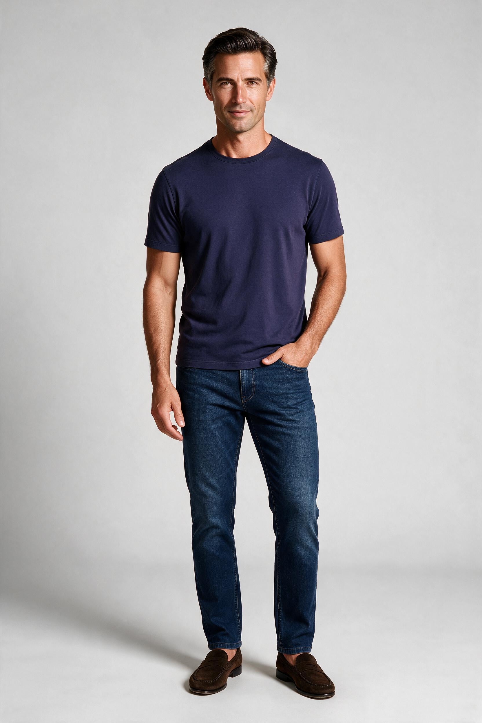 Raffi Aqua Cotton Lafayette Crew Neck Tee in Ocean – on model #Color_Ocean