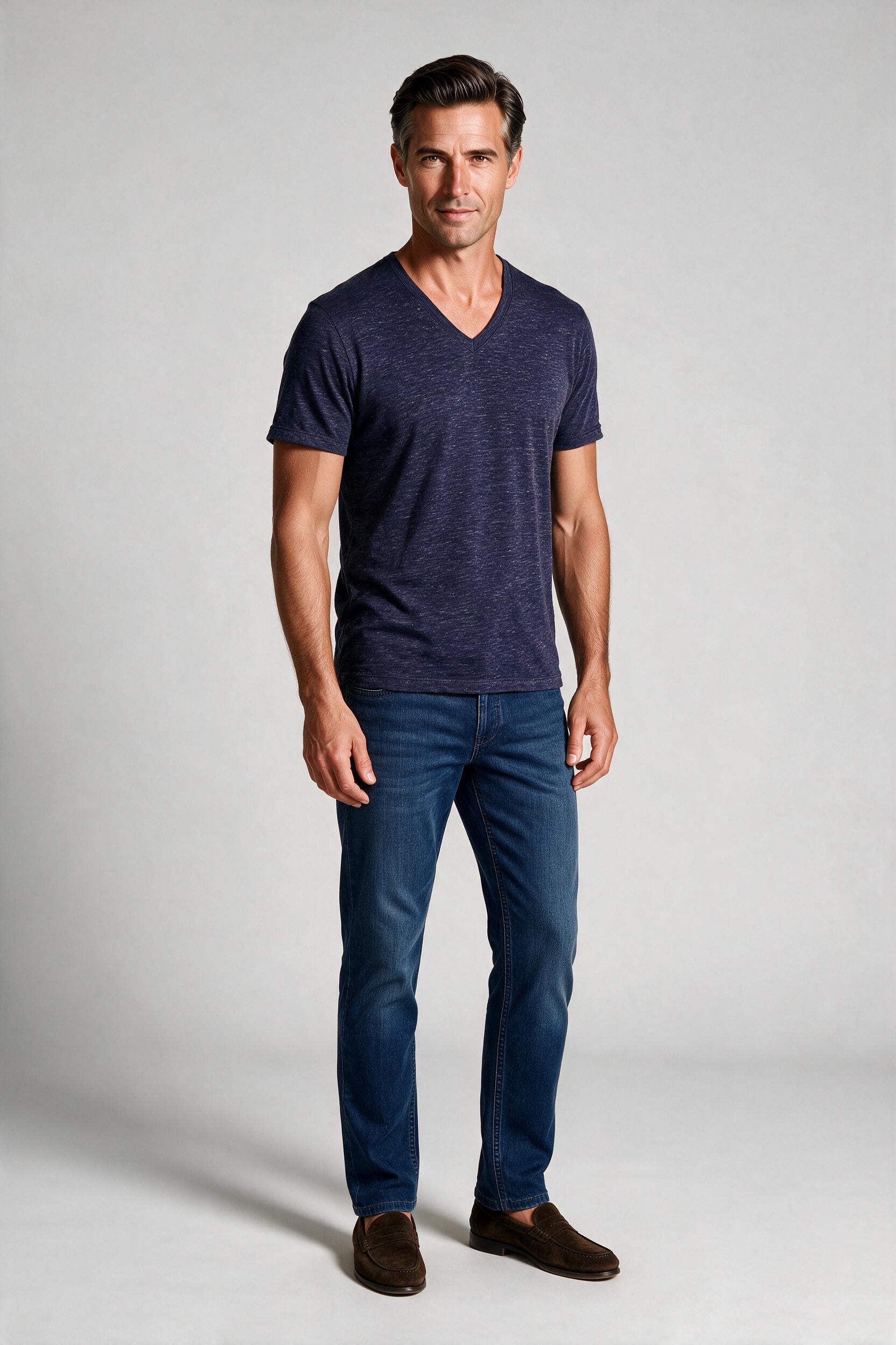Raffi Aqua Cotton Noah V-Neck Tee in Ocean – on model #Color_Ocean
