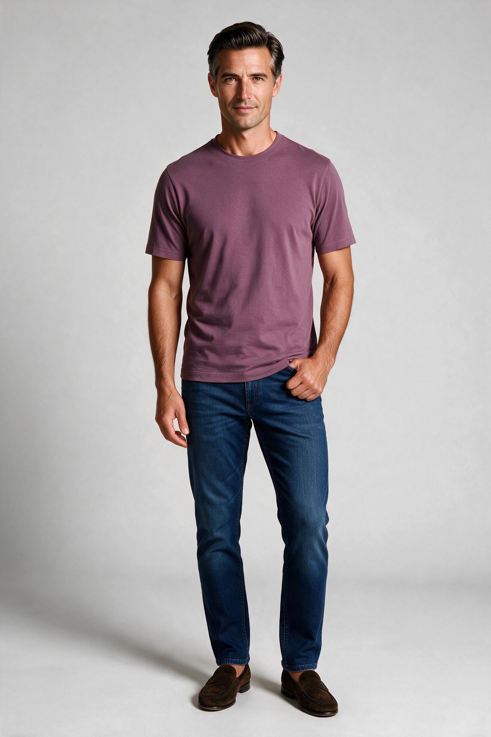 Raffi Aqua Cotton Lafayette Crew Neck Tee in Plum – on model #Color_Plum