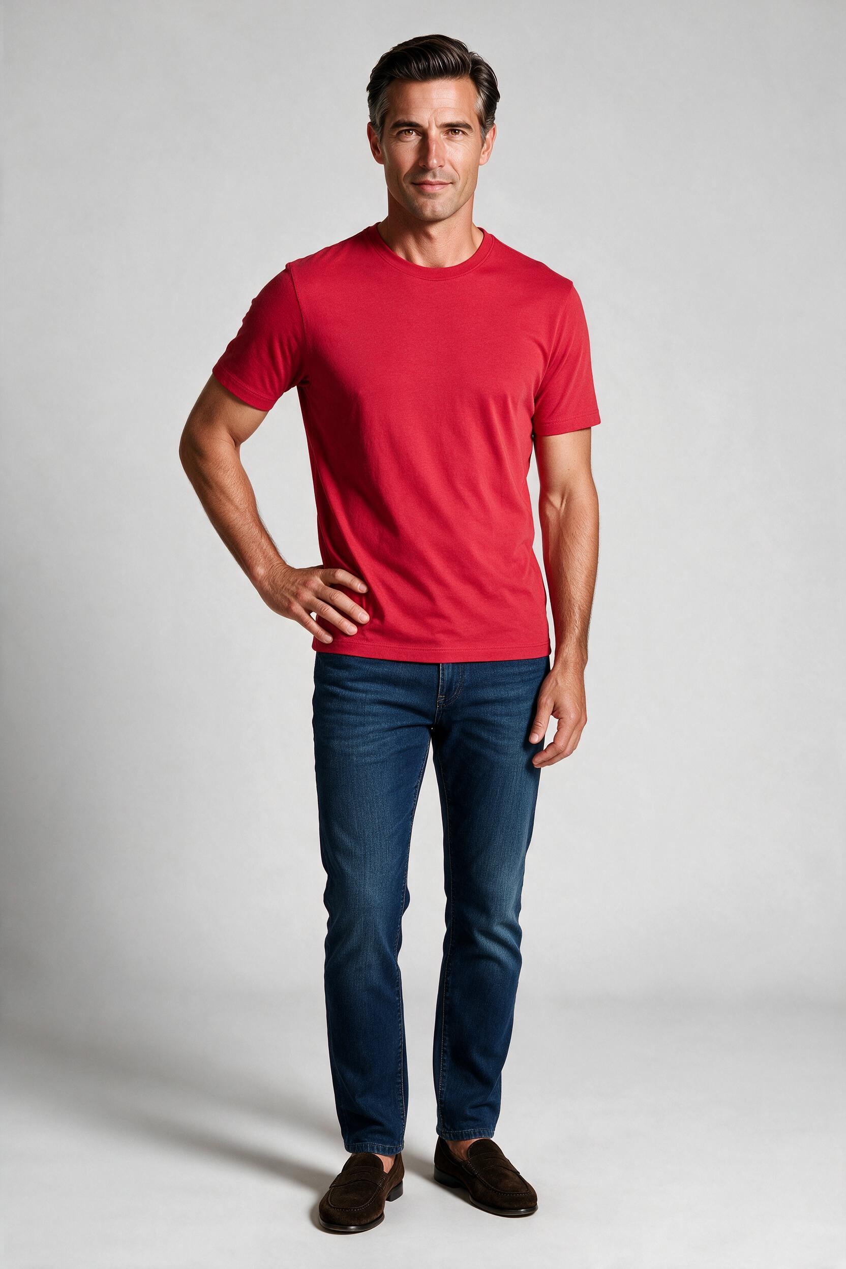 Raffi Aqua Cotton Lafayette Crew Neck Tee in Red – on model #Color_Red