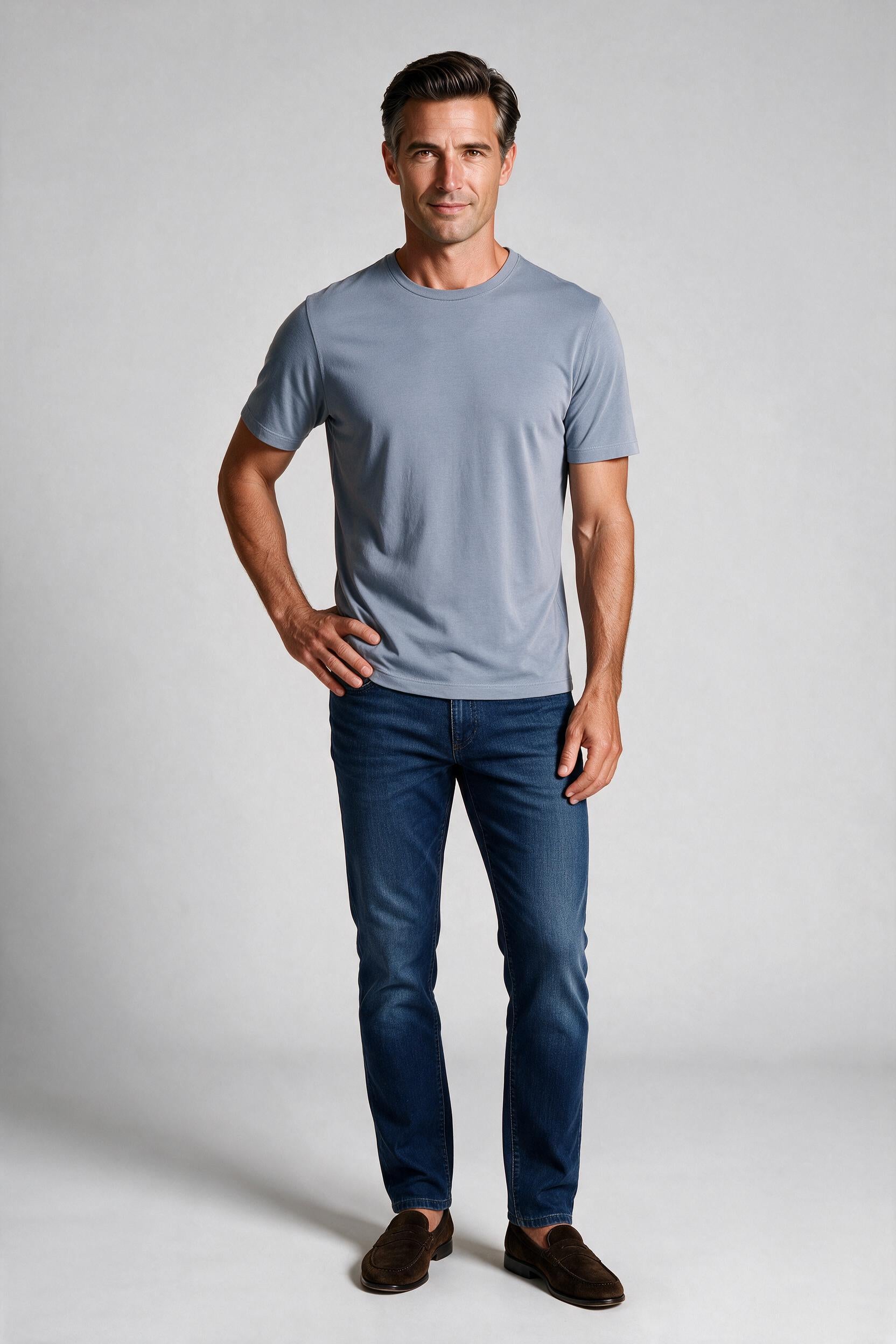 Raffi Aqua Cotton Lafayette Crew Neck Tee in Storm – on model #Color_Storm