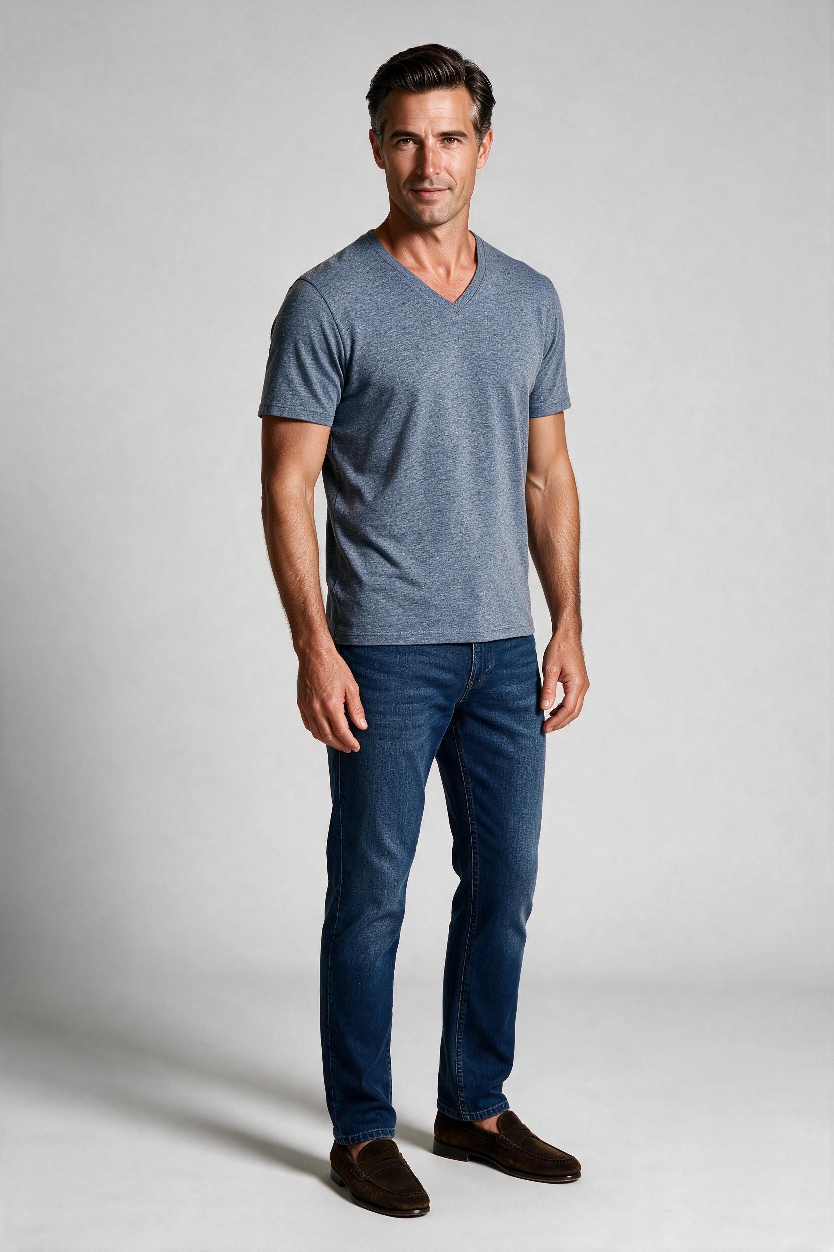 Raffi Aqua Cotton Noah V-Neck Tee in Storm – on model #Color_Storm