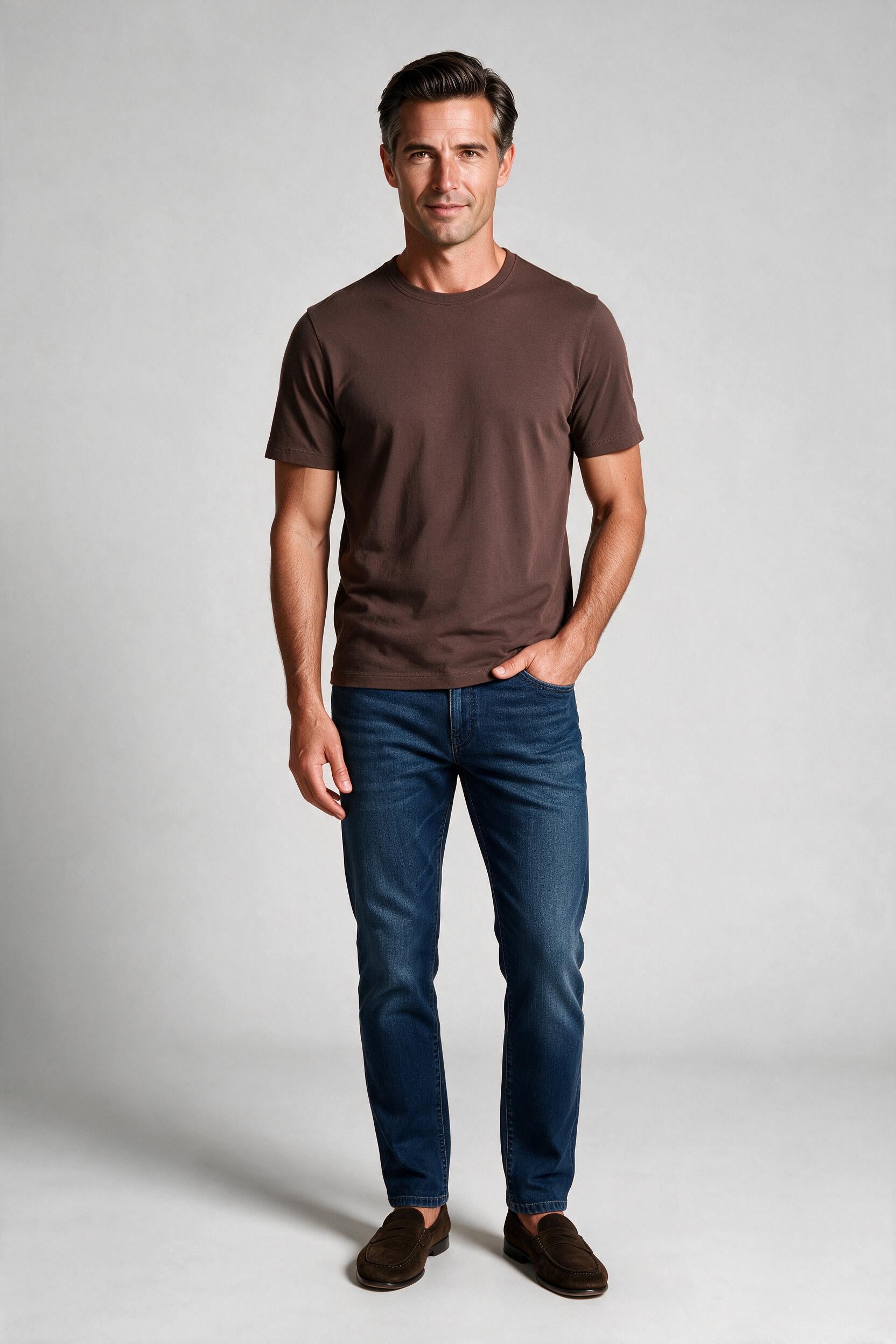 Raffi Aqua Cotton Lafayette Crew Neck Tee in Toffee – on model #Color_Toffee