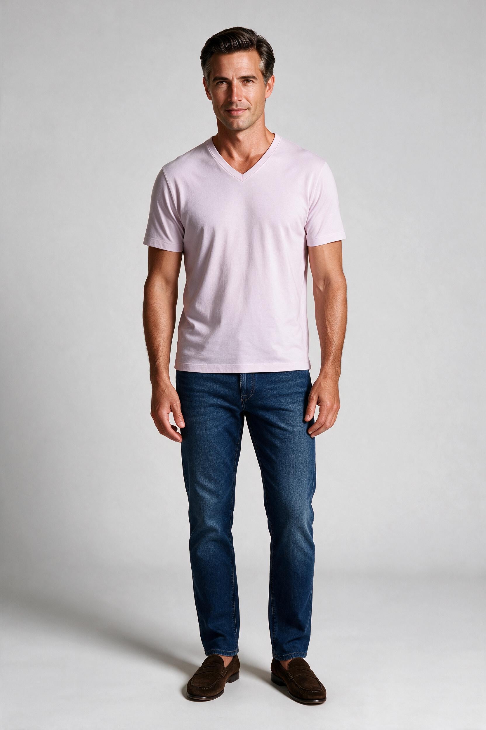 Raffi Aqua Cotton Noah V-Neck Tee in Violet – on model #Color_Violet