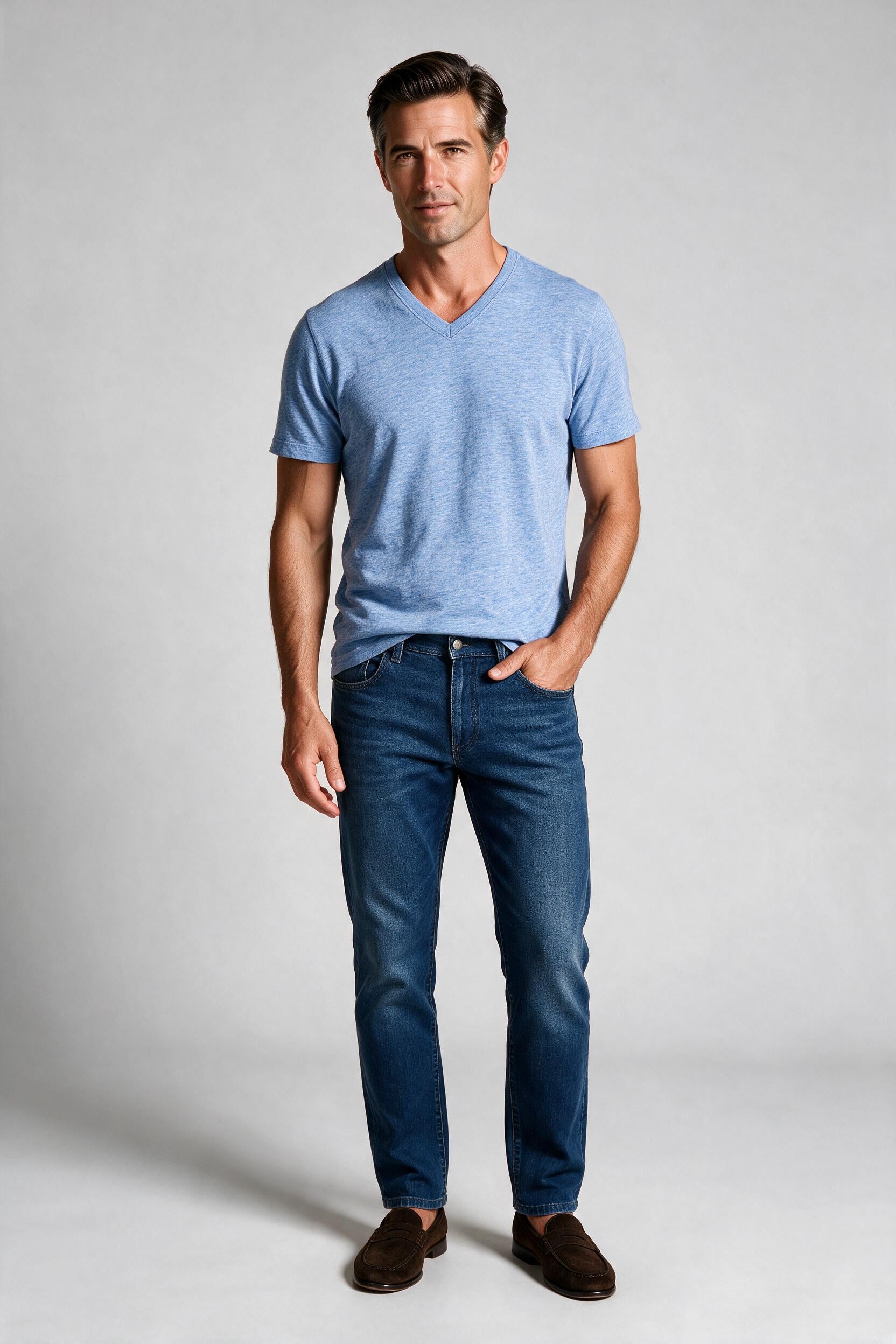 Raffi Aqua Cotton Noah V-Neck Tee in Water – on model #Color_Water