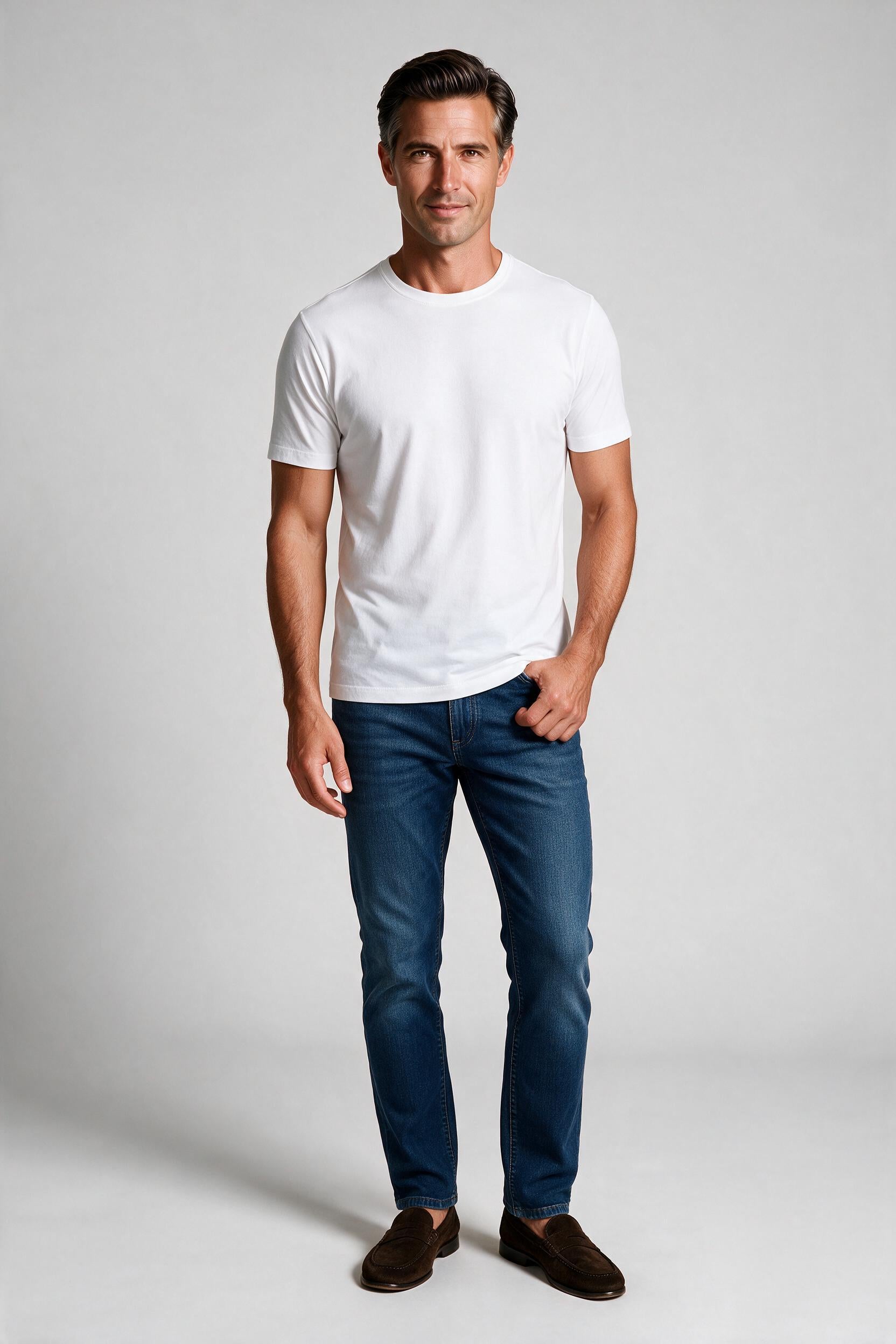 Raffi Aqua Cotton Lafayette Crew Neck Tee in White – on model #Color_White