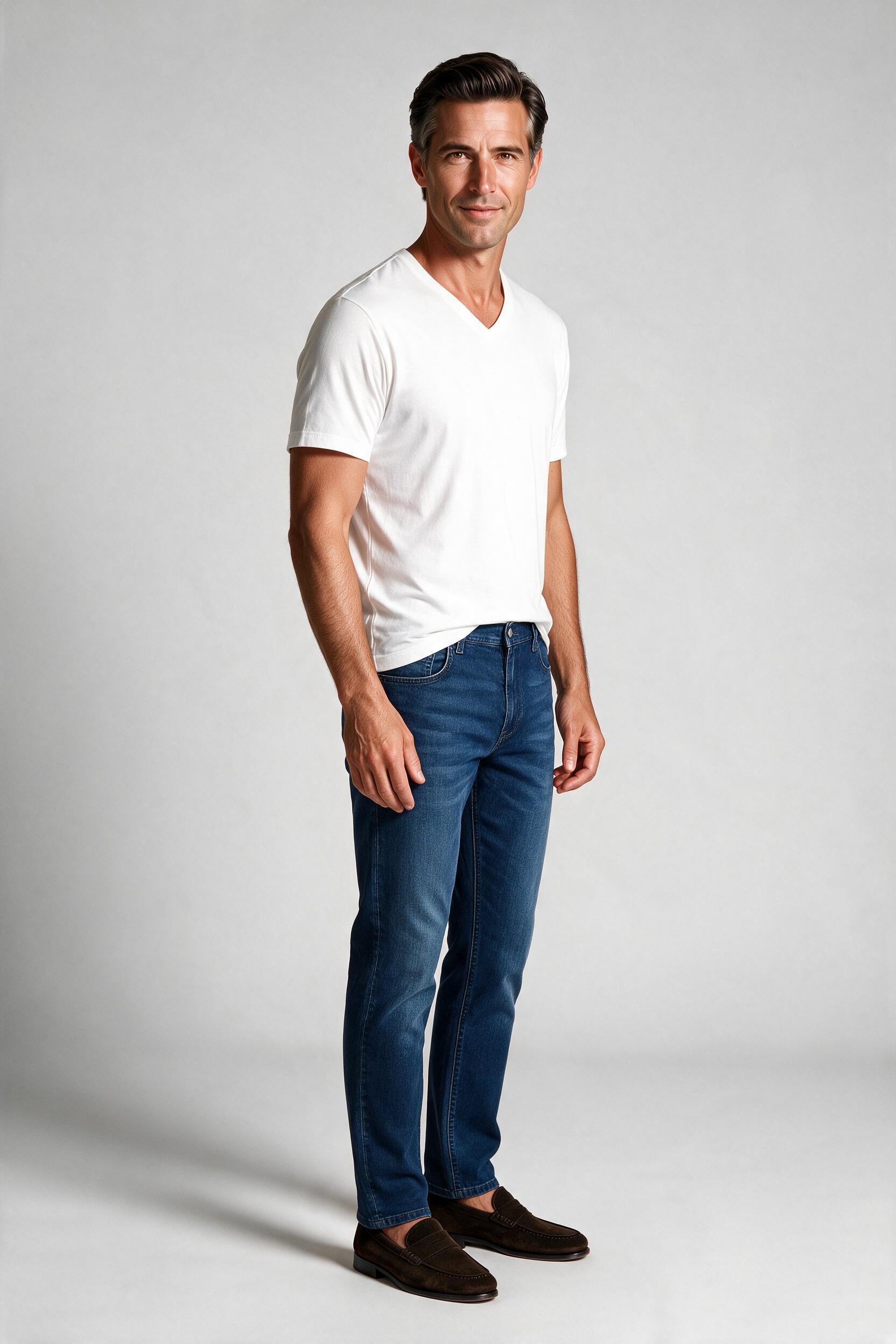 Raffi Aqua Cotton Noah V-Neck Tee in White – on model #Color_White