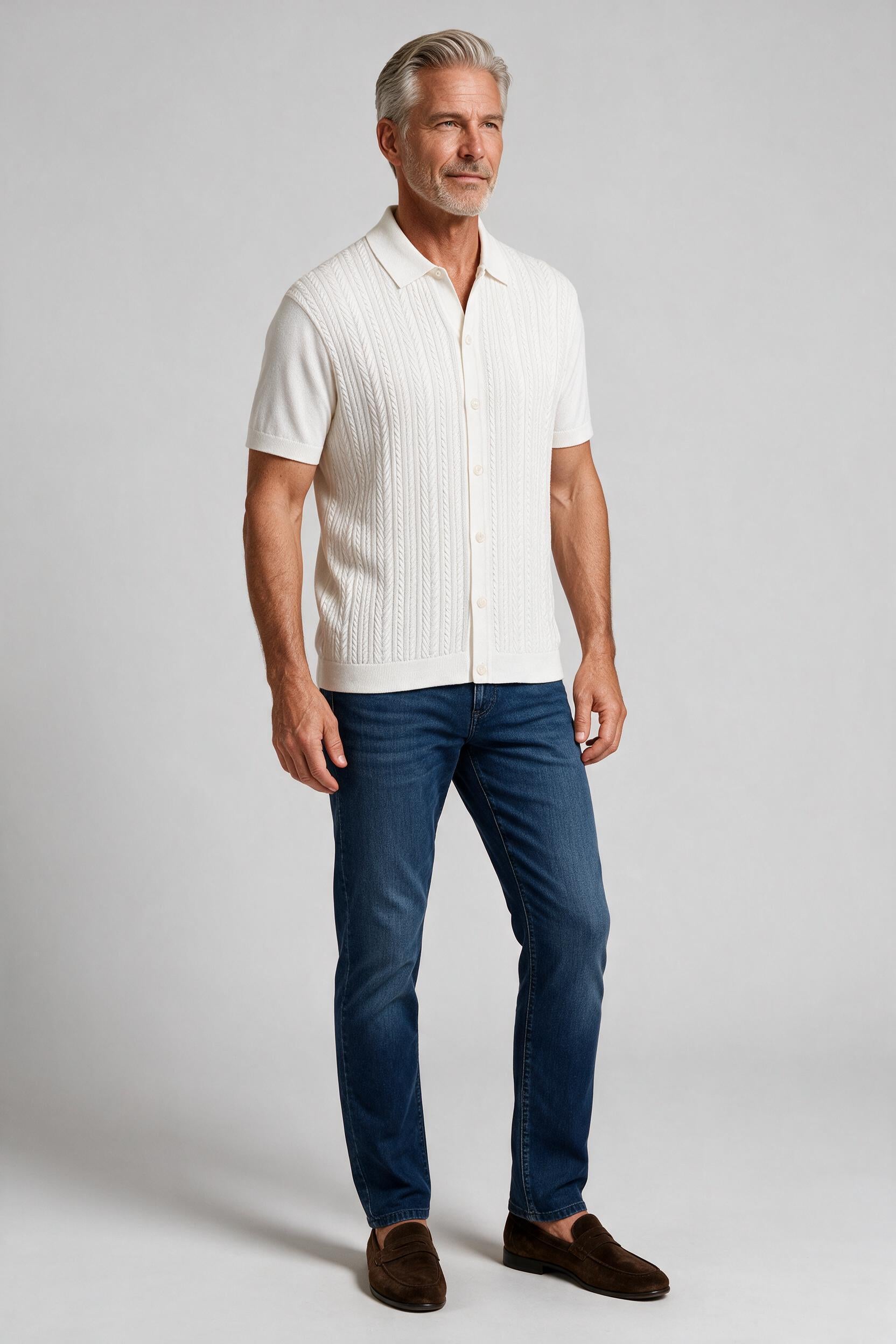 Bugatchi S/S Button front Knit Shirt, Chalk | Mondo Uomo Naples FL