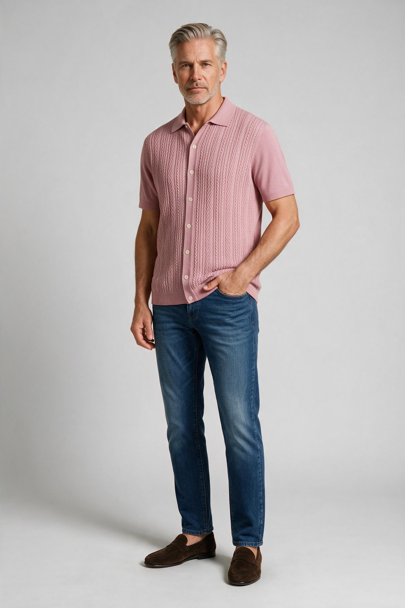 Bugatchi S/S Button front Knit Shirt, Dusty Pink | Mondo Uomo Naples FL