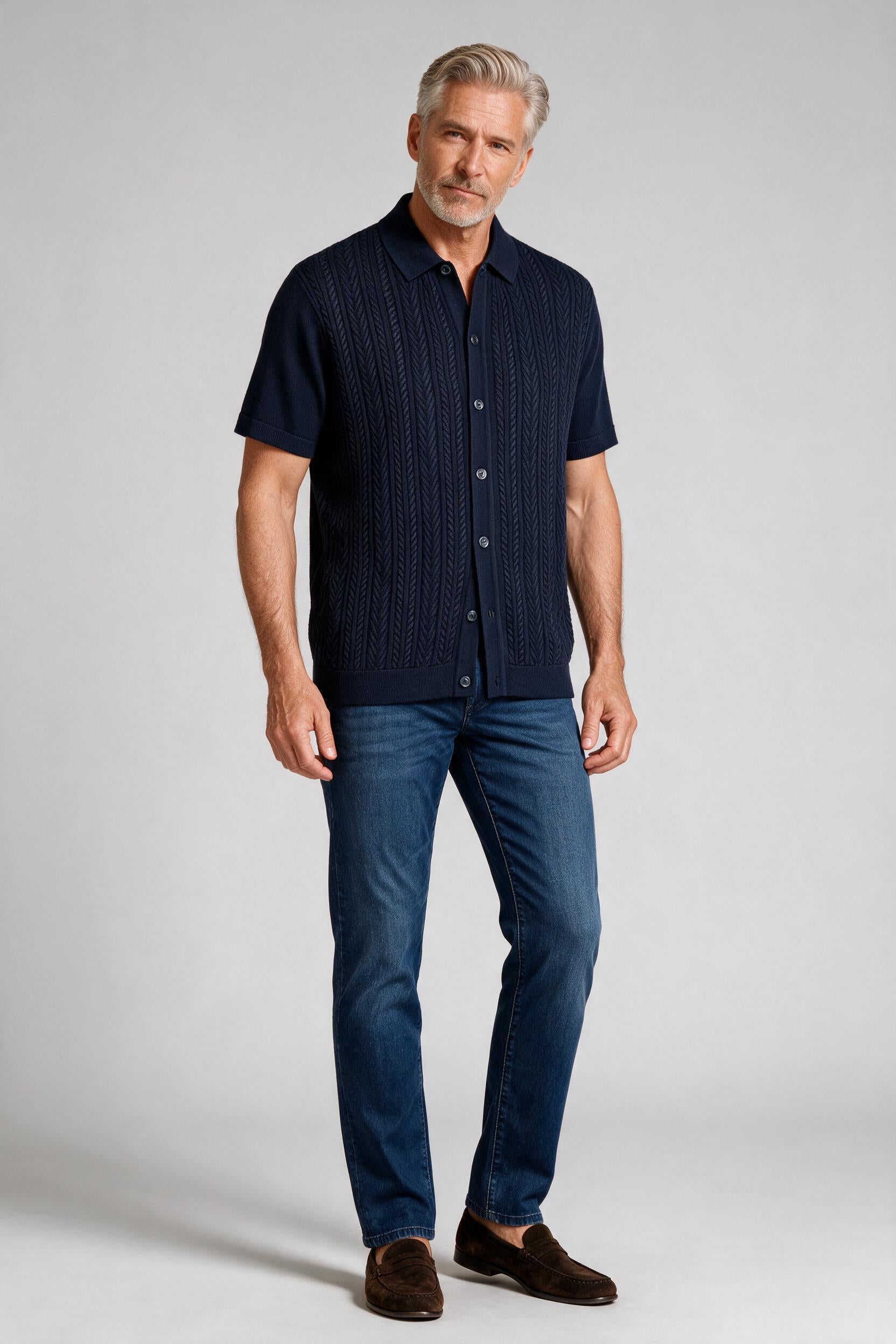 Bugatchi S/S Button front Knit Shirt, Navy | Mondo Uomo Naples FL