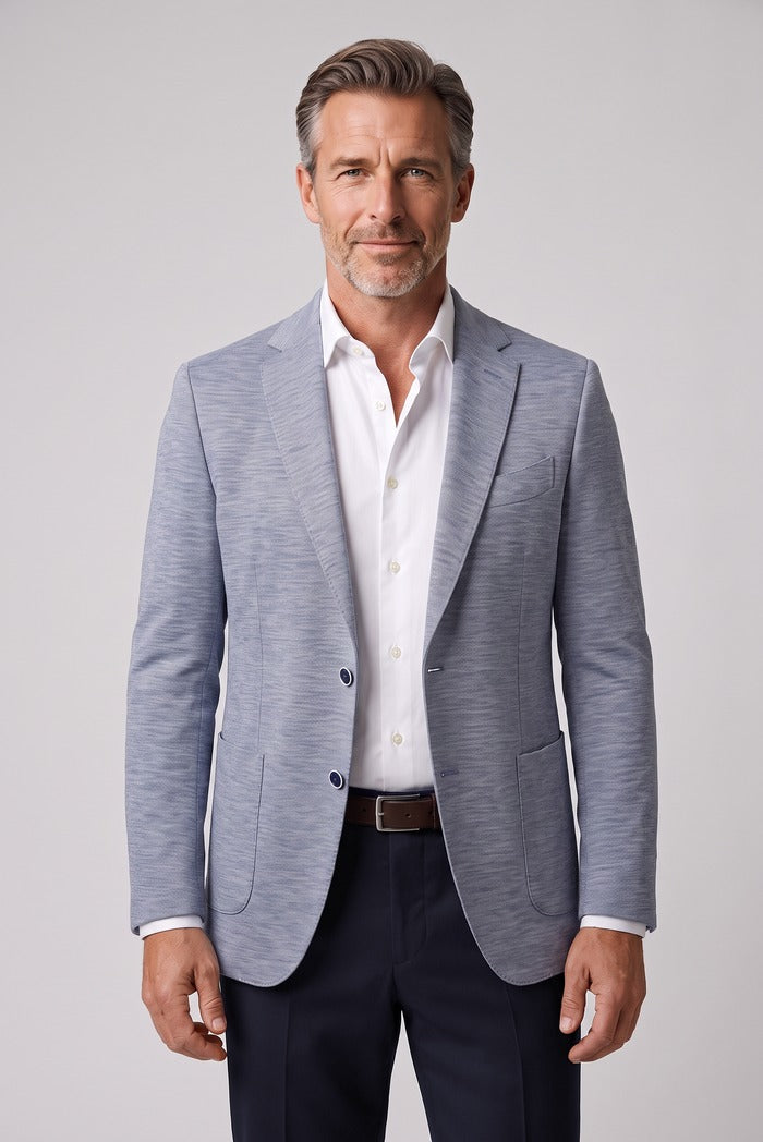 Sixty One Reda Wool & Cashmere Sport Coat, Blue – worn by model, close-up