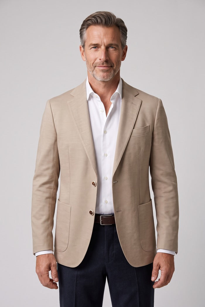 Sixty One Reda Wool & Cashmere Sport Coat, Taupe – worn by model, close-up