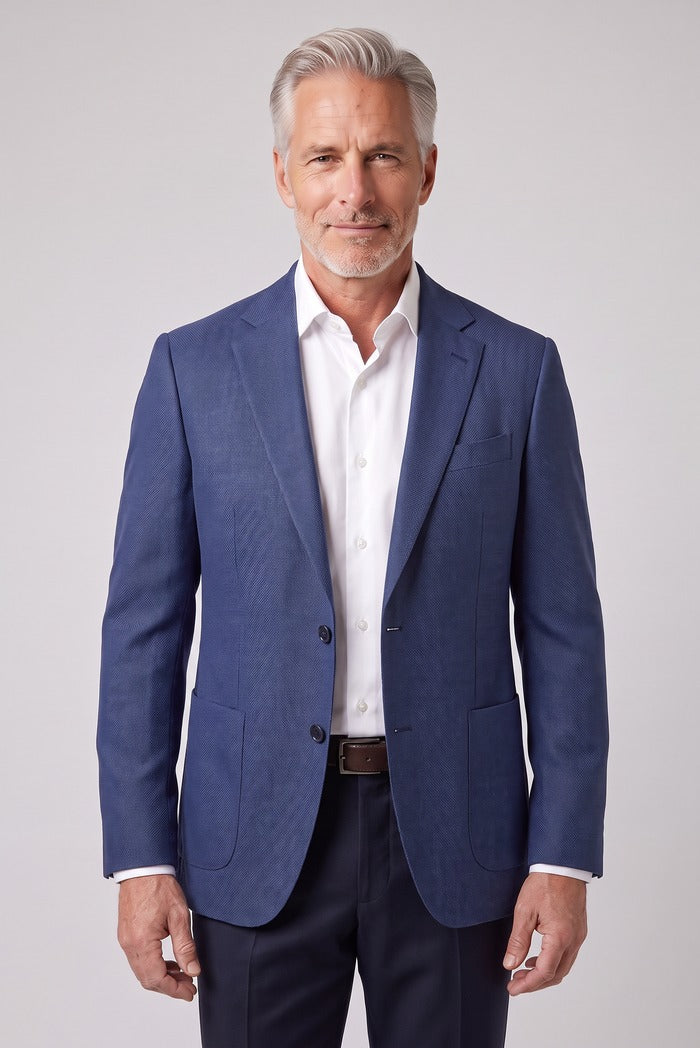Sixty One Vitale Barberis Basketweave Sport Coat, Blue – worn by model, close-up
