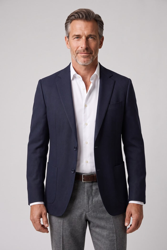 Sixty One Vitale Barberis Basketweave Sport Coat, Navy – worn by model, close-up