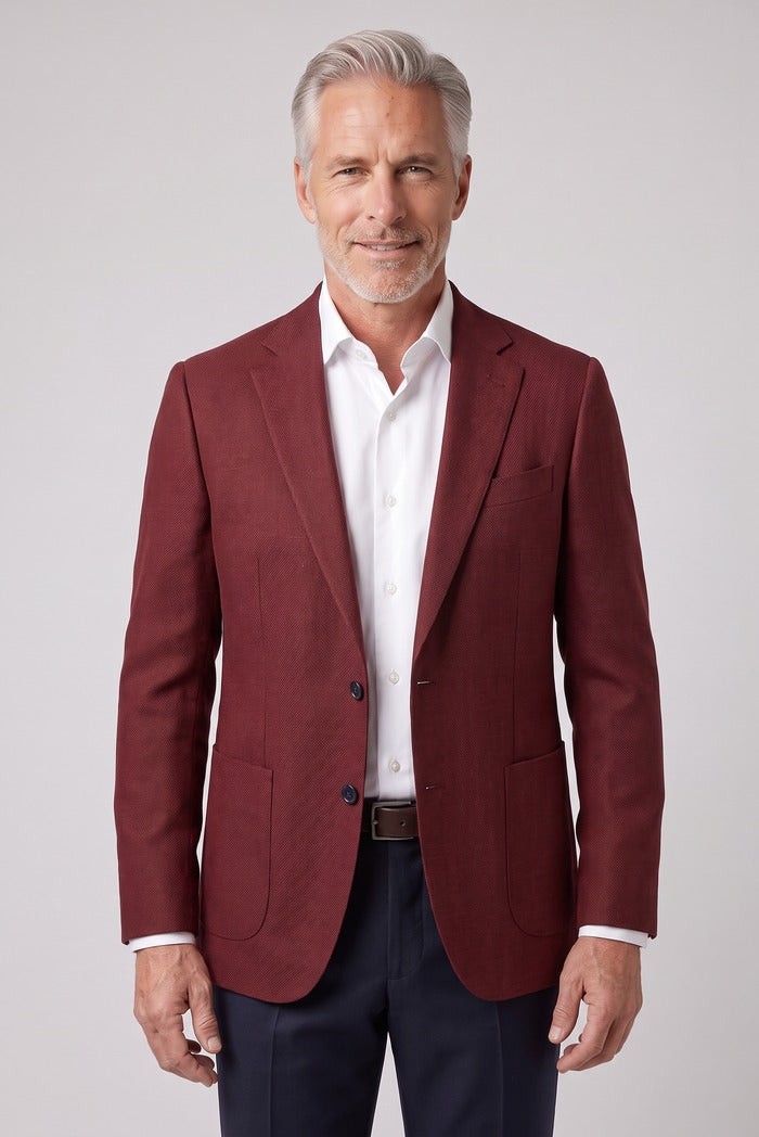 Sixty One Vitale Barberis Basketweave Sport Coat, Red – worn by model, close-up