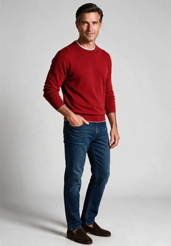 Paul & Shark Soft Piuma Crewneck, Brick Red — worn with denim
