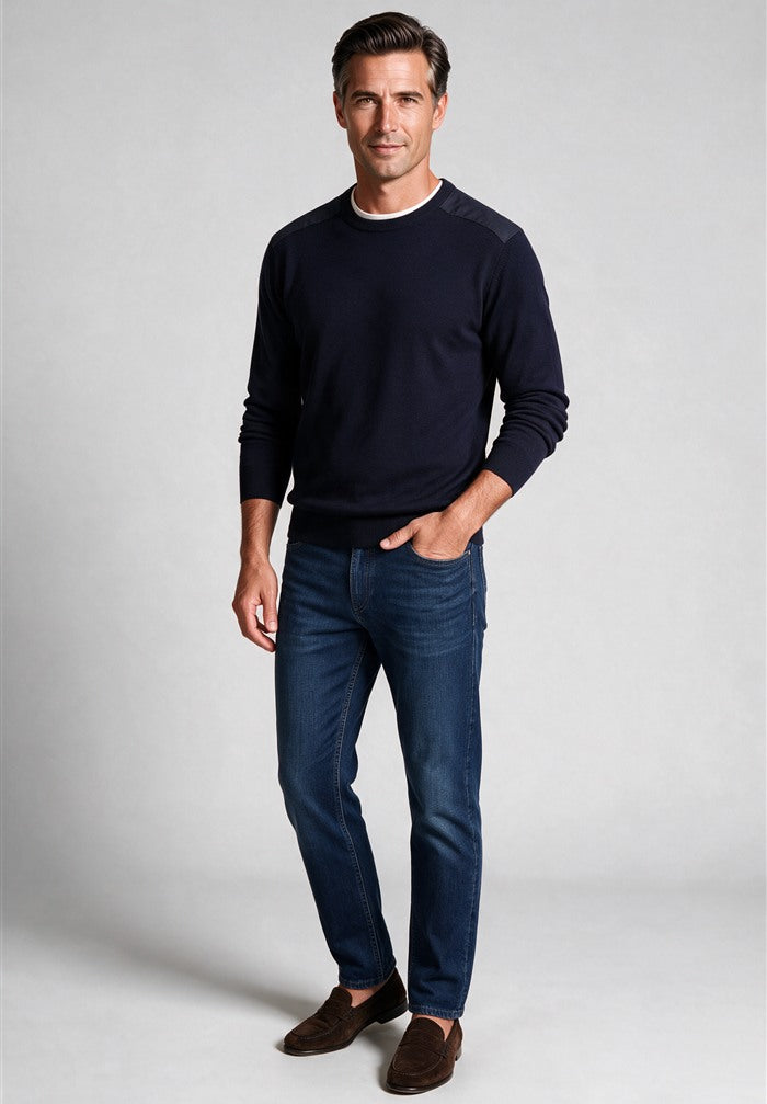 Paul & Shark Merino Extrafine Crewneck, Navy/Taupe — worn with denim