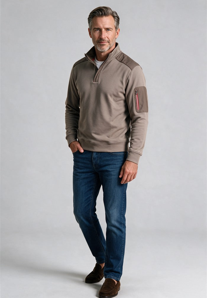 Paul & Shark Xsoft Fleece Half-Zip, Beige — worn with denim