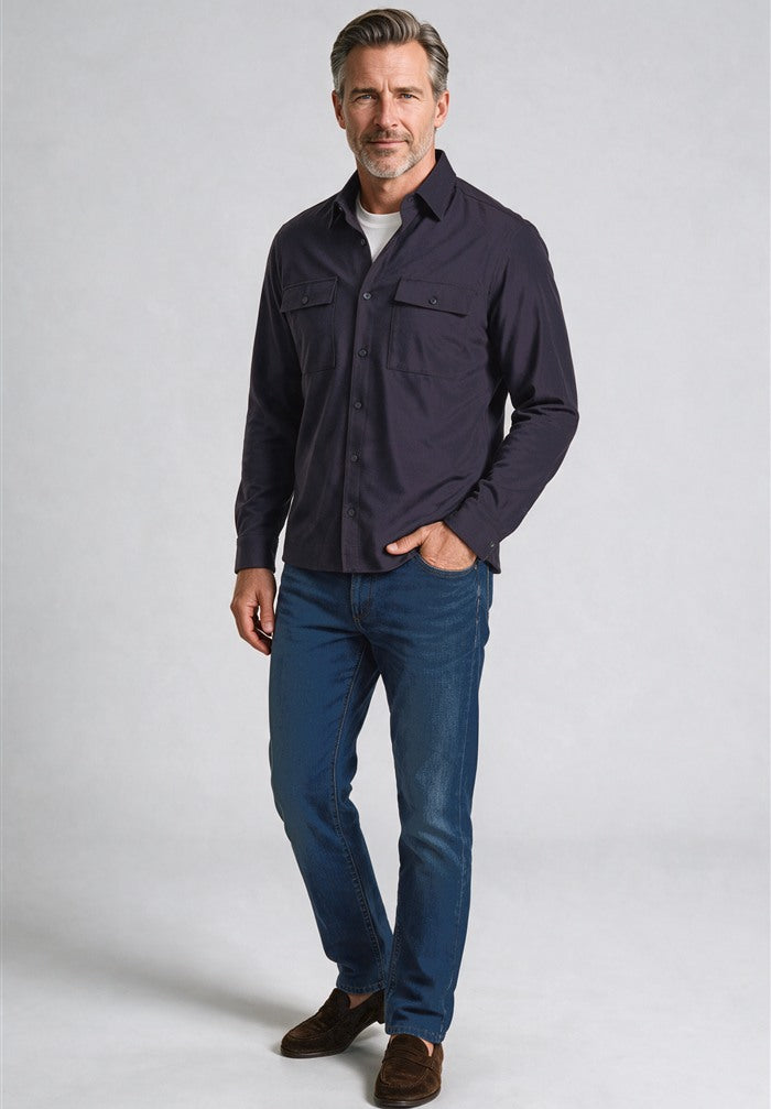 Paul & Shark Loro Piana Rain System Overshirt, Navy — worn with denim