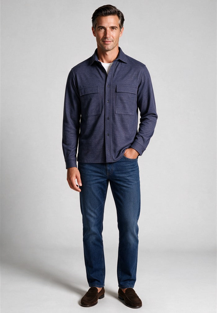 Paul & Shark Loro Piana Jersey Overshirt, Navy — worn with denim