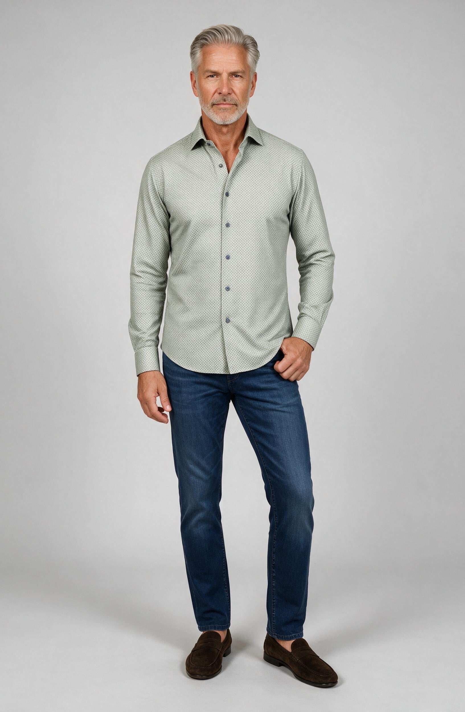 Marcello Diamond Medallion Long Sleeve Shirt — worn with denim