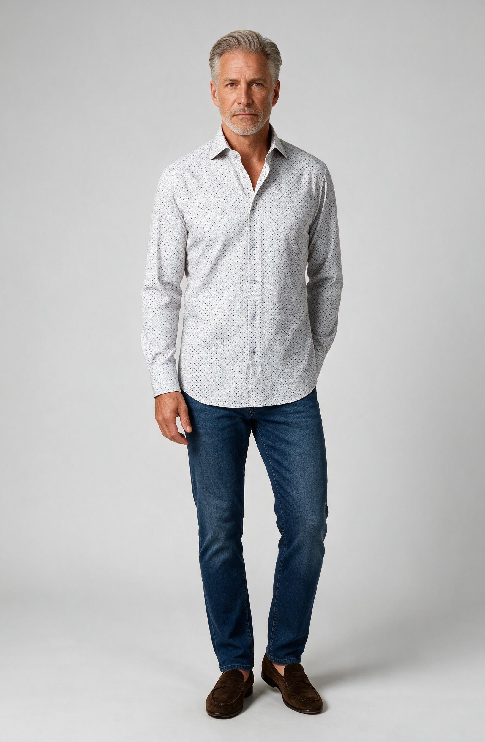 Marcello Dot Array Long Sleeve Shirt — worn with denim