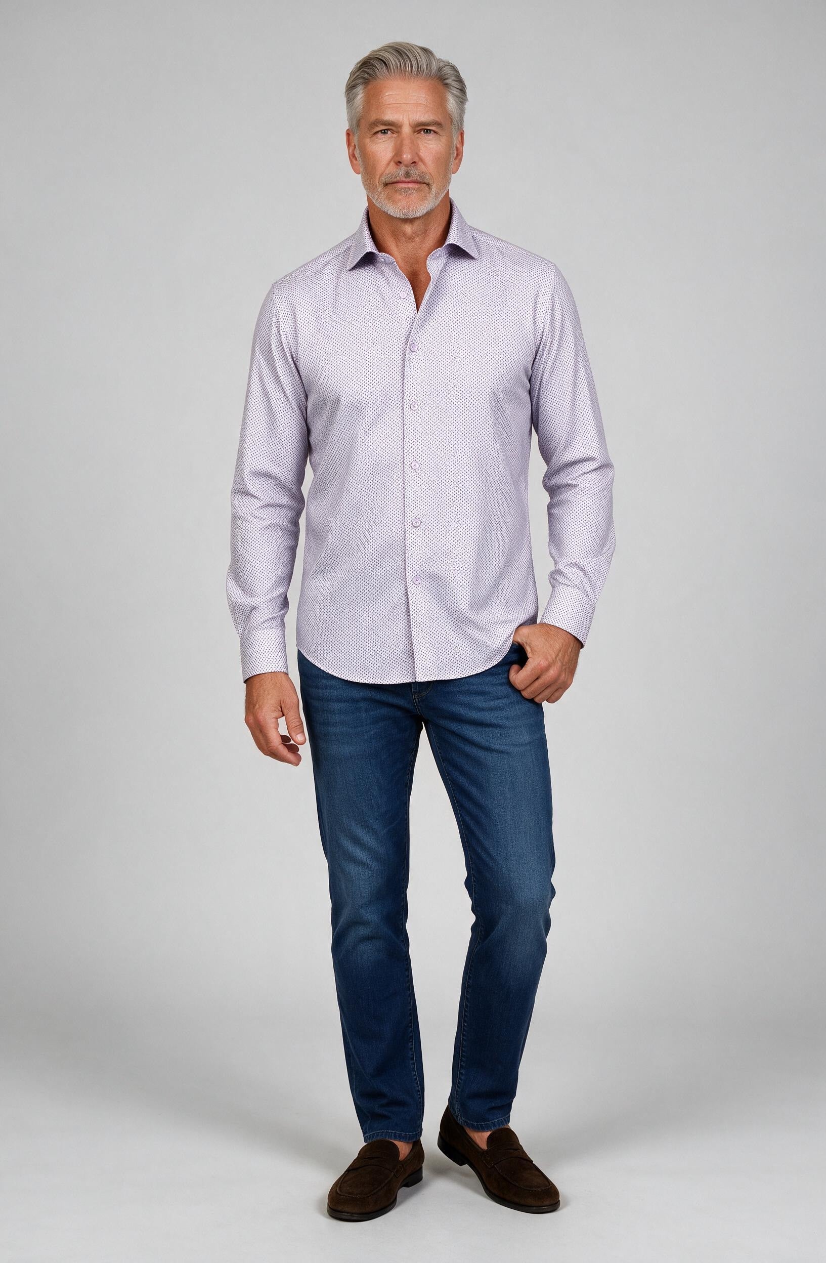 Marcello Lilac/Plum Neat Long Sleeve Shirt — worn with denim